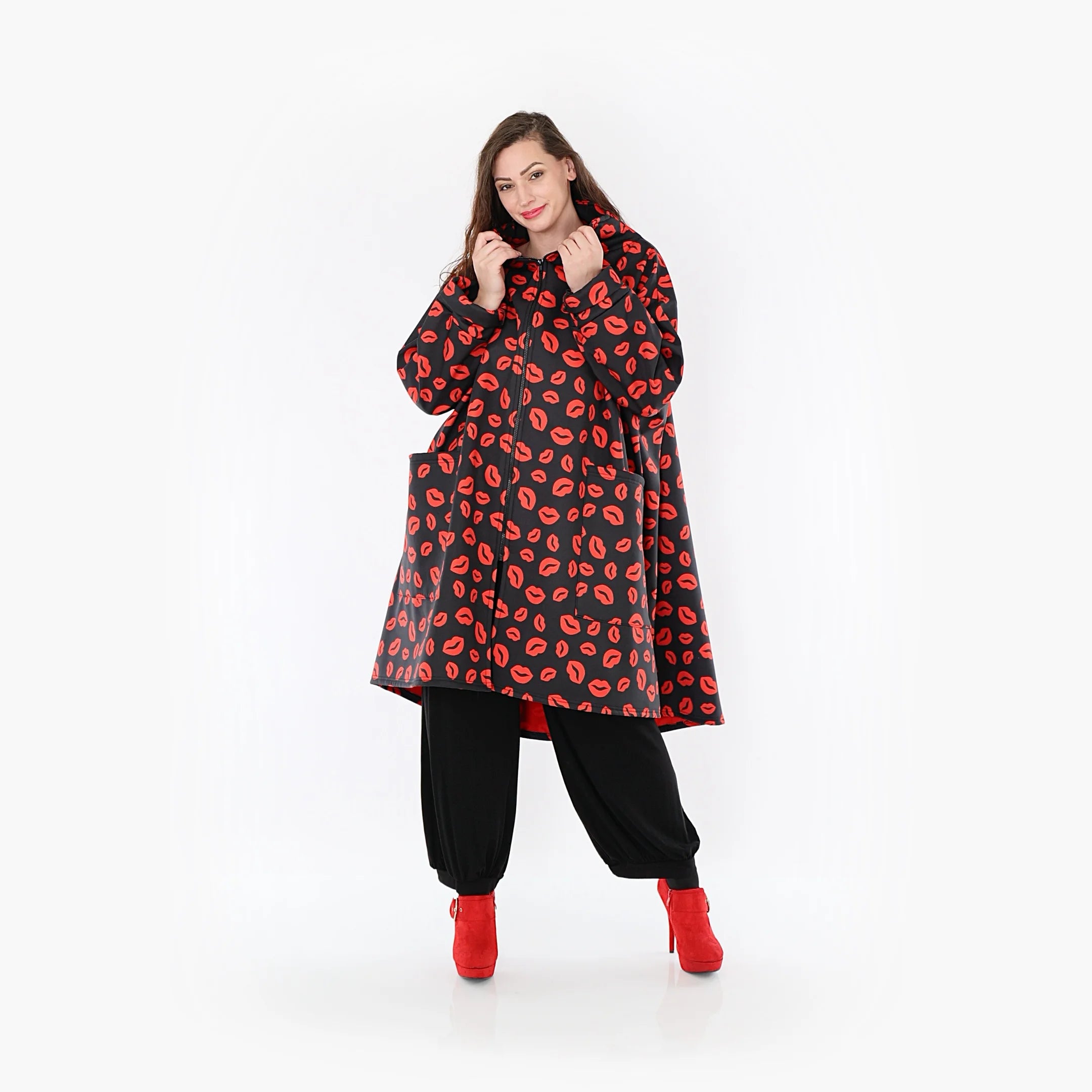  AKH Fashion Mantel in Vokuhila-Form, aus Polyester, 1379.02276, Schwarz-Rot, Muster