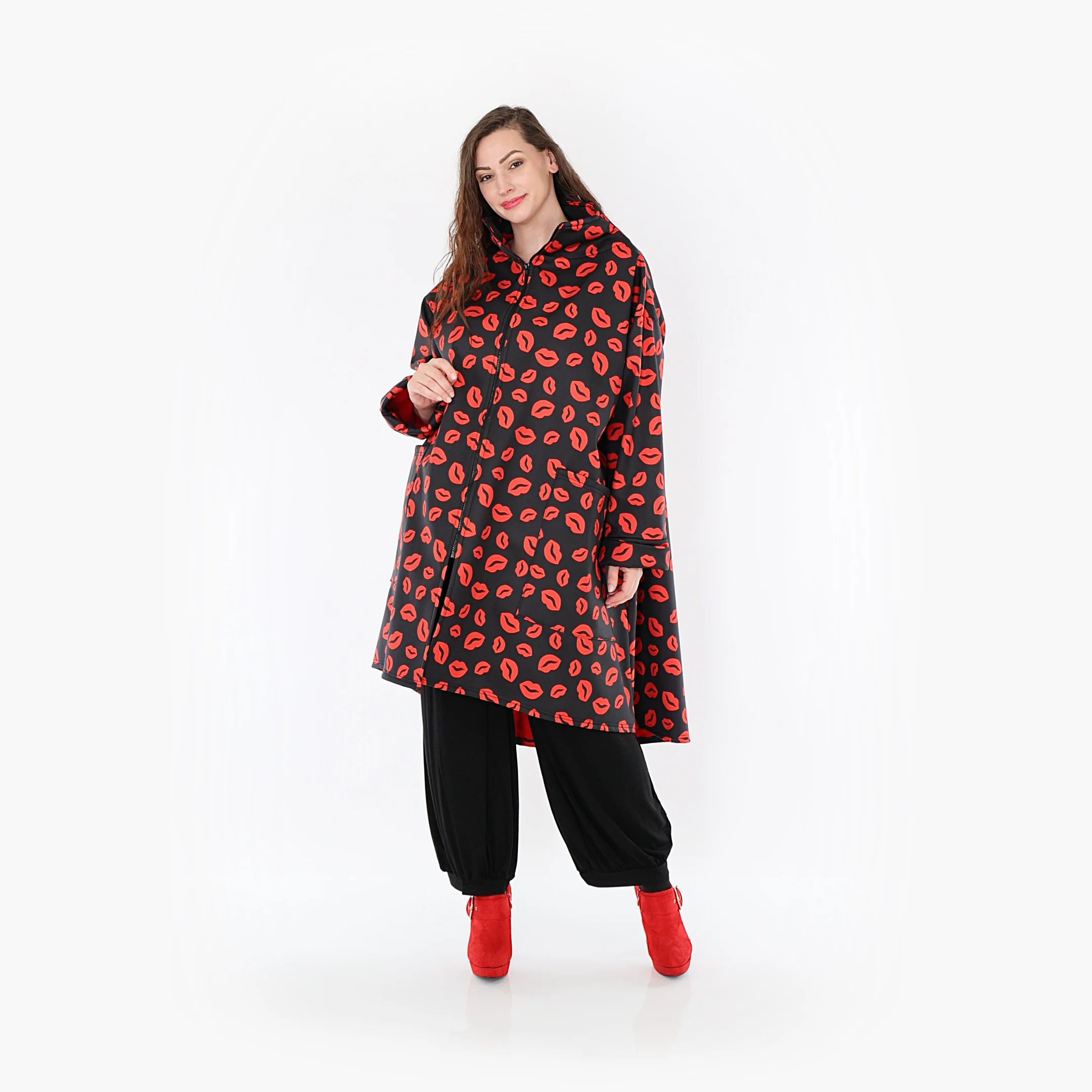  AKH Fashion Mantel in Vokuhila-Form, aus Polyester, 1379.02276, Schwarz-Rot, Muster