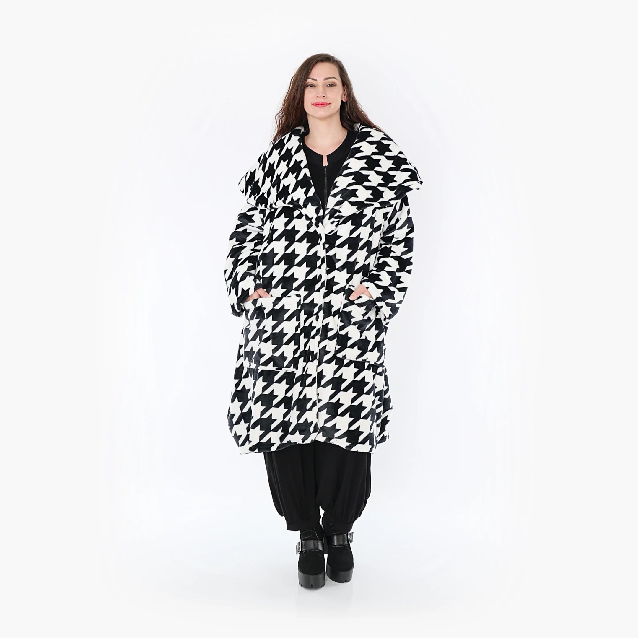  Ballonmantel von AKH Fashion aus Polyester, 1386.01776, Schwarz-Weiss, Hahnentritt