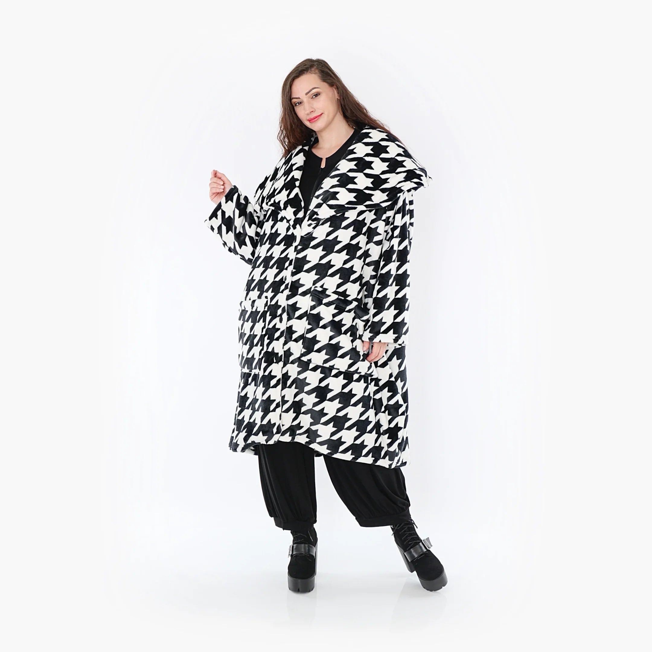  Ballonmantel von AKH Fashion aus Polyester, 1386.01776, Schwarz-Weiss, Hahnentritt