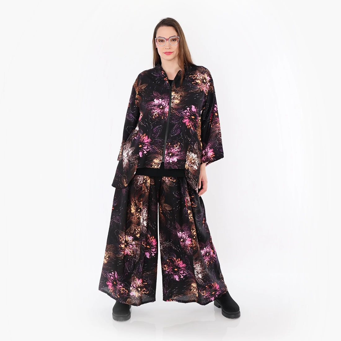  A-Form Jacke von AKH Fashion aus Viskose, 1491.06939, Schwarz/Fuchsia/Multi, Blumen