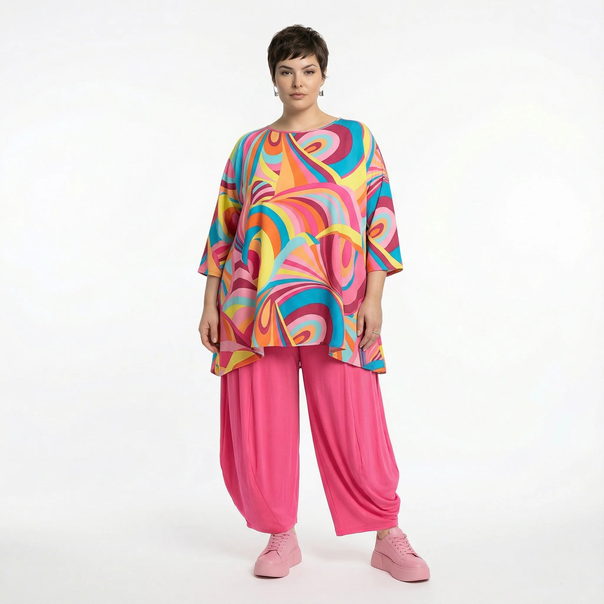  A-Form Bigshirt von AKH Fashion aus Baumwolle, 1508.00593, Rosa/Multi, Abstrakt, Ausgefallen