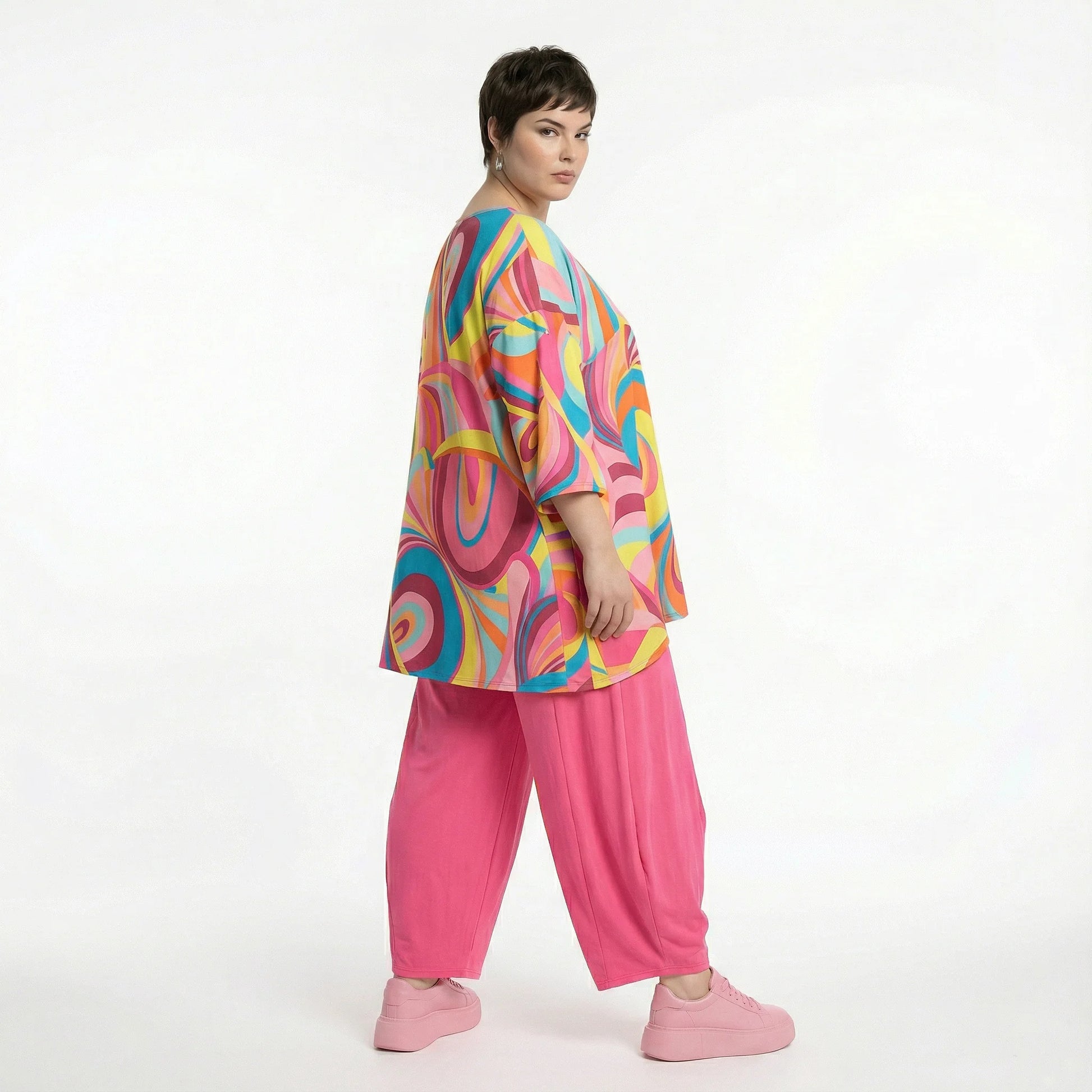  A-Form Bigshirt von AKH Fashion aus Baumwolle, 1508.00593, Rosa/Multi, Abstrakt, Ausgefallen