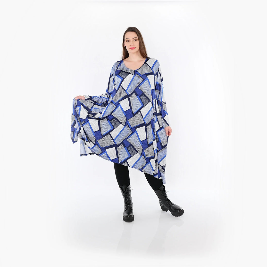  A-Form Bigshirt von AKH Fashion aus Materialmix, 1511.07108, Blau/Weiß/Marine, Abstrakt