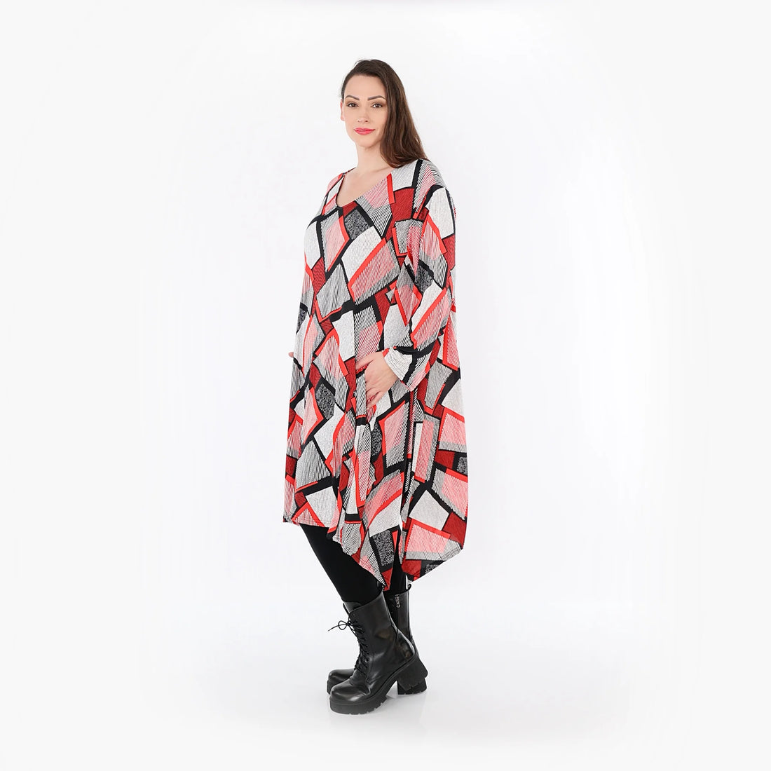  A-Form Bigshirt von AKH Fashion aus Materialmix, 1511.07108, Rot/Weiß/Schwarz, Abstrakt
