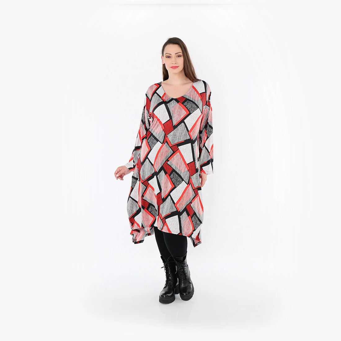  A-Form Bigshirt von AKH Fashion aus Materialmix, 1511.07108, Rot/Weiß/Schwarz, Abstrakt