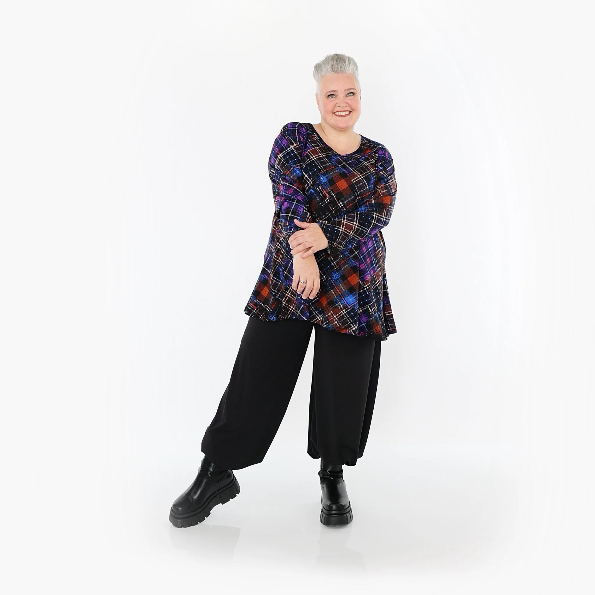  AKH Fashion Bigshirt in Glocken-Form, aus Viskose, 1518.01892, Multicolor/Blau, Kariert, Schick
