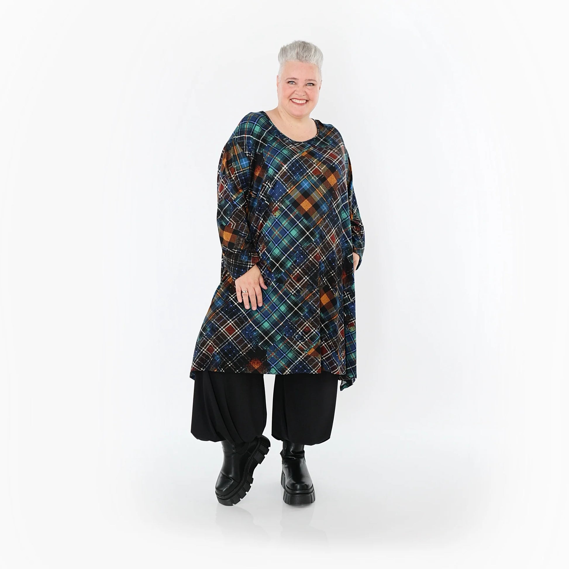  A-Form Bigshirt von AKH Fashion aus Viskose, 1518.02666, Multicolor/Grün, Kariert, Ausgefallen