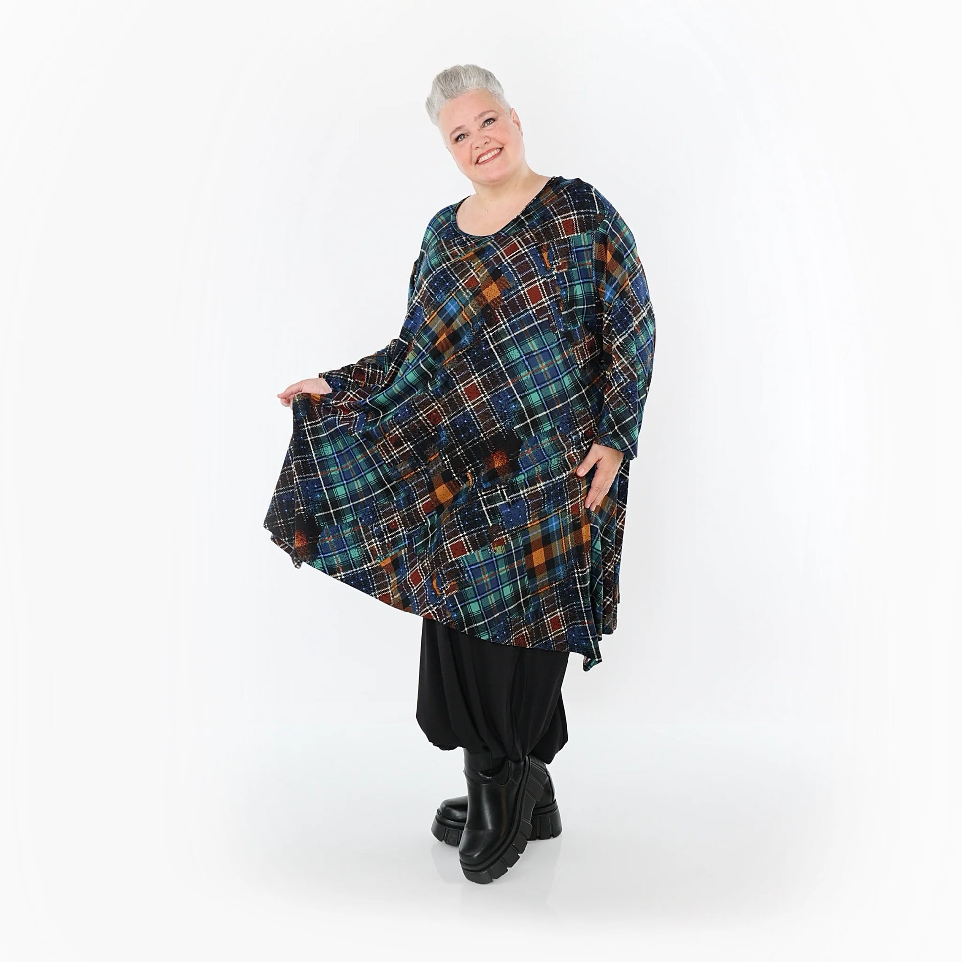  A-Form Bigshirt von AKH Fashion aus Viskose, 1518.02666, Multicolor/Grün, Kariert, Ausgefallen