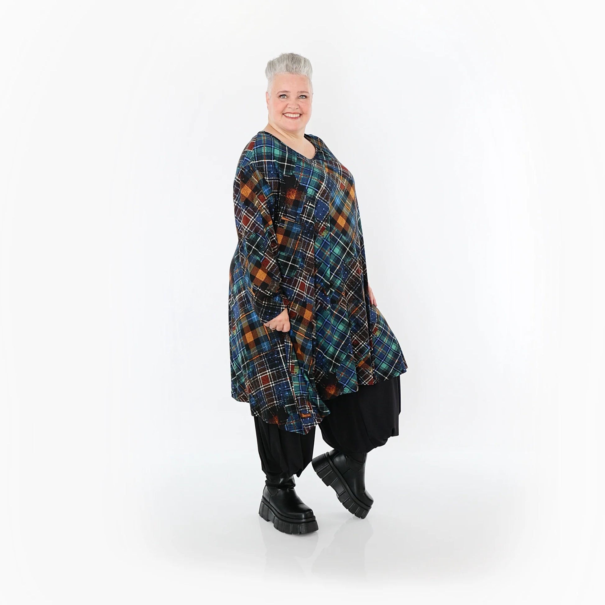  A-Form Bigshirt von AKH Fashion aus Viskose, 1518.02666, Multicolor/Grün, Kariert, Ausgefallen
