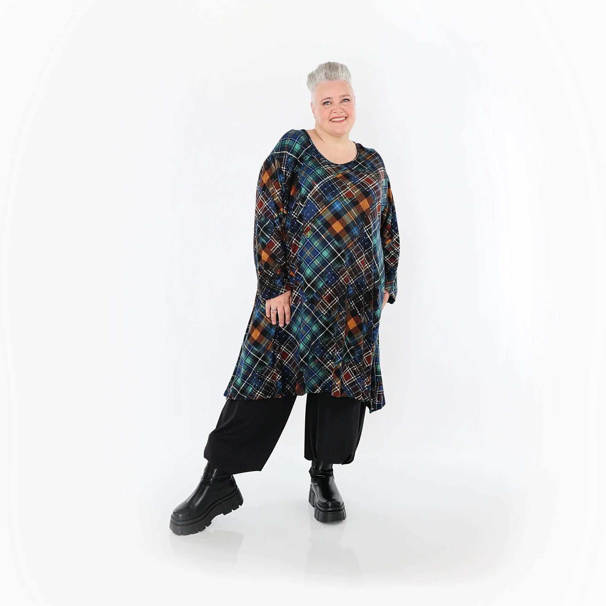  A-Form Bigshirt von AKH Fashion aus Viskose, 1518.02666, Multicolor/Grün, Kariert, Ausgefallen