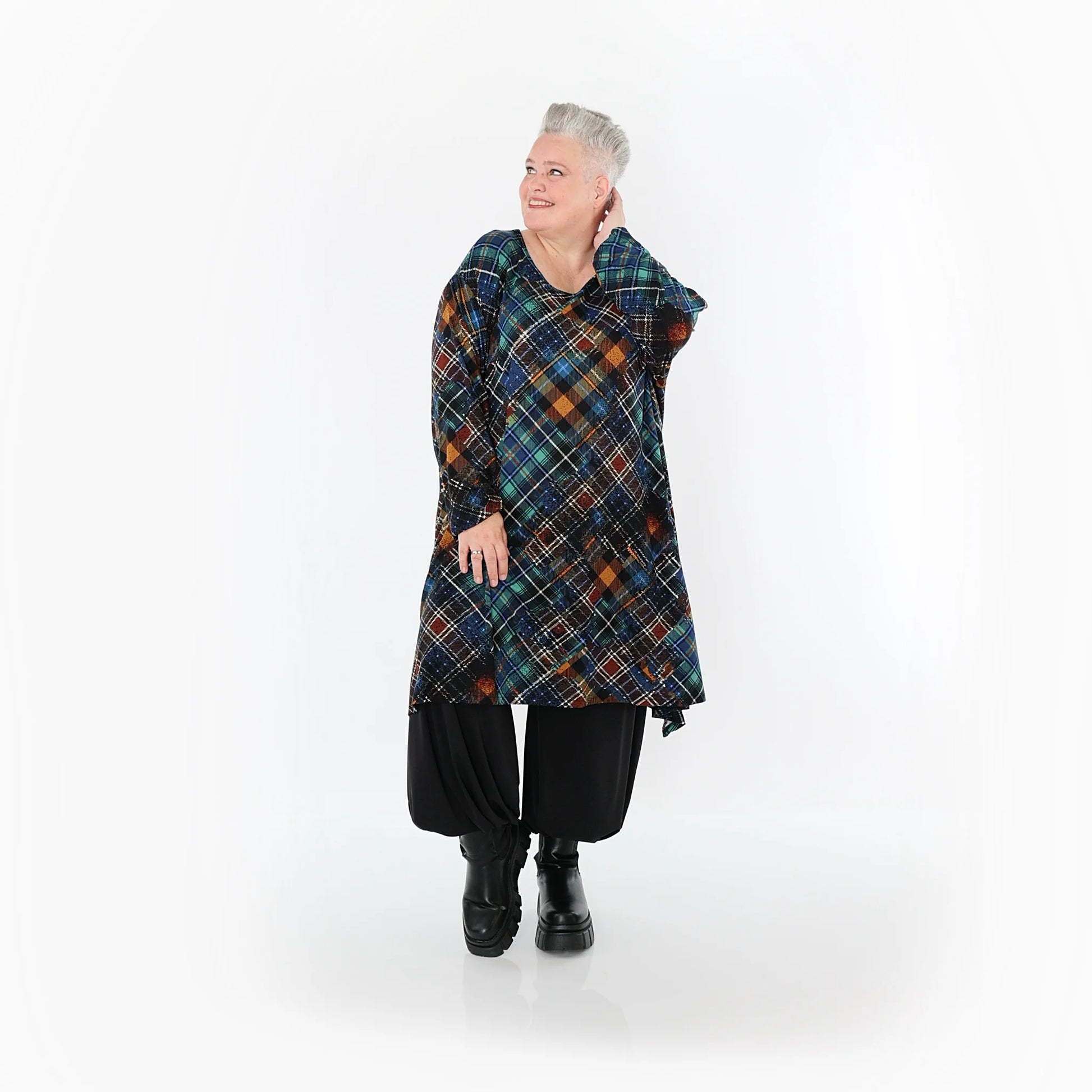  A-Form Bigshirt von AKH Fashion aus Viskose, 1518.02666, Multicolor/Grün, Kariert, Ausgefallen