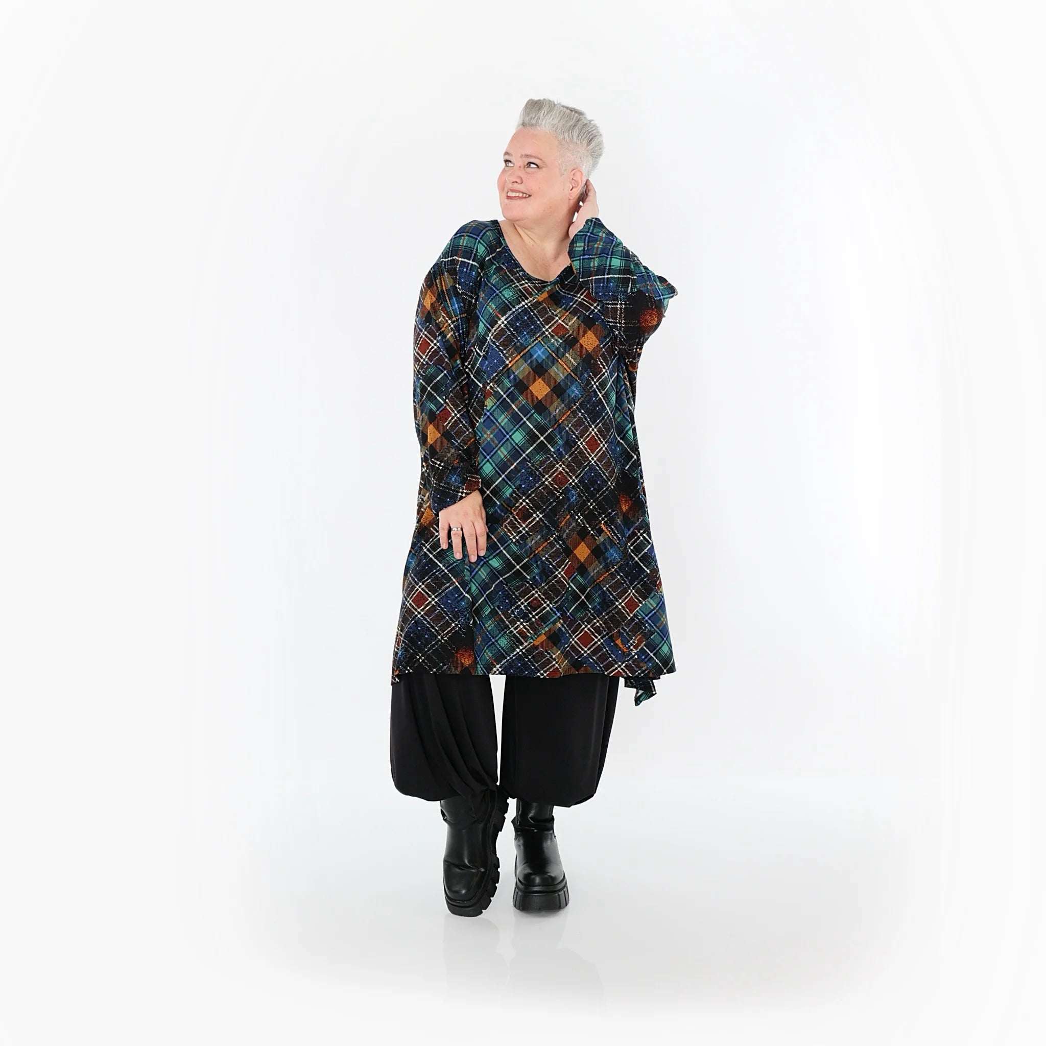  A-Form Bigshirt von AKH Fashion aus Viskose, 1518.02666, Multicolor/Grün, Kariert, Ausgefallen