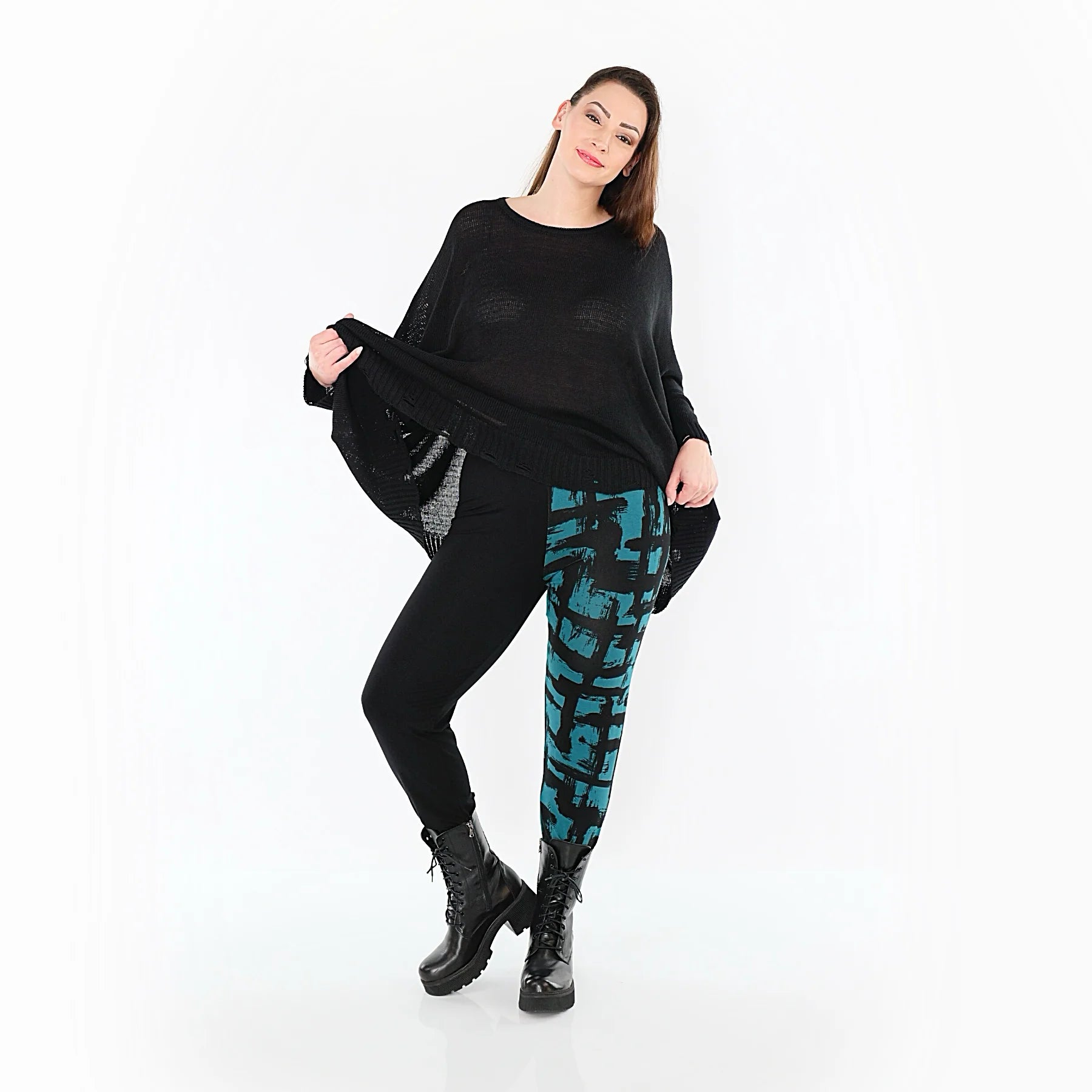  AKH Fashion Leggings in gerader Form, aus Viskose, 1519.0100P, Schwarz/Petrol, Schick