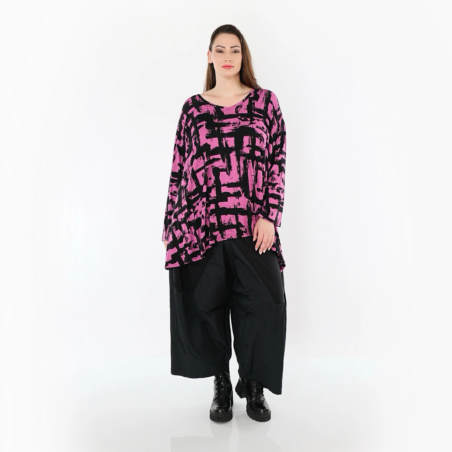  A-Form Bigshirt von AKH Fashion aus Viskose, 1519.02593, Fuchsia/Schwarz, Pinselstrich