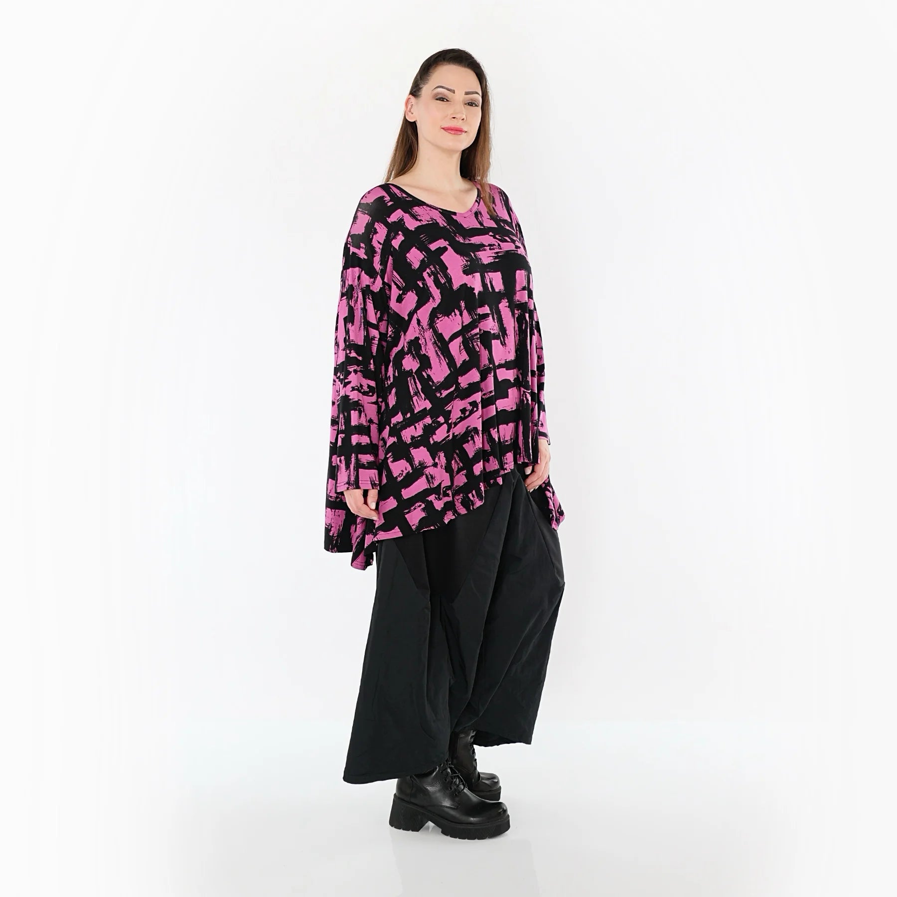 A-Form Bigshirt von AKH Fashion aus Viskose, 1519.02593, Fuchsia/Schwarz, Pinselstrich