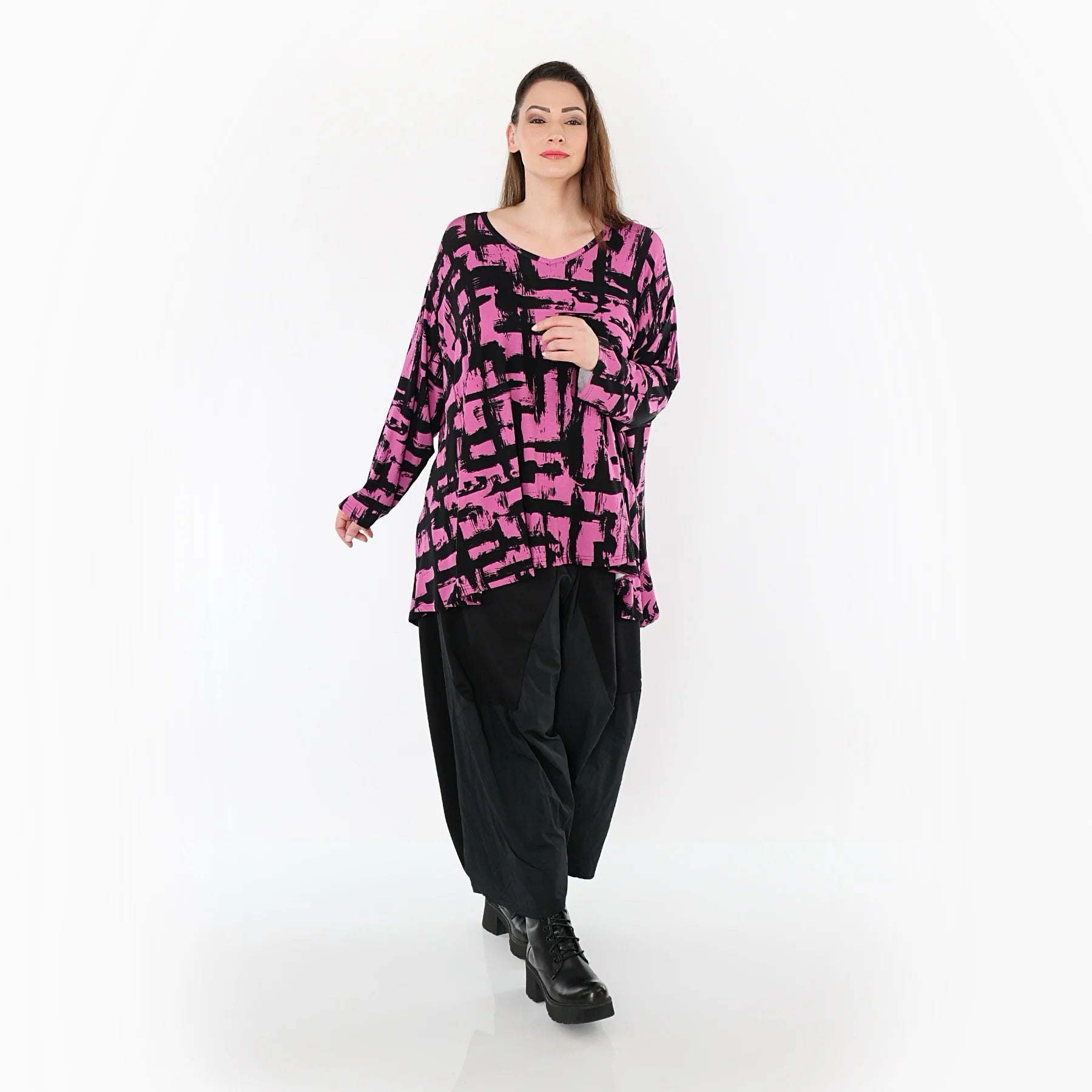  A-Form Bigshirt von AKH Fashion aus Viskose, 1519.02593, Fuchsia/Schwarz, Pinselstrich