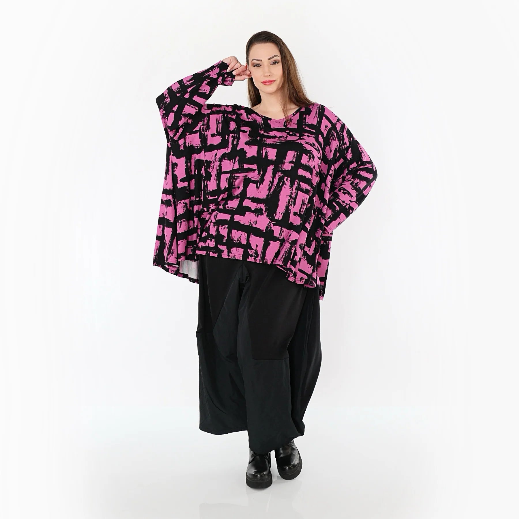  A-Form Bigshirt von AKH Fashion aus Viskose, 1519.02593, Fuchsia/Schwarz, Pinselstrich