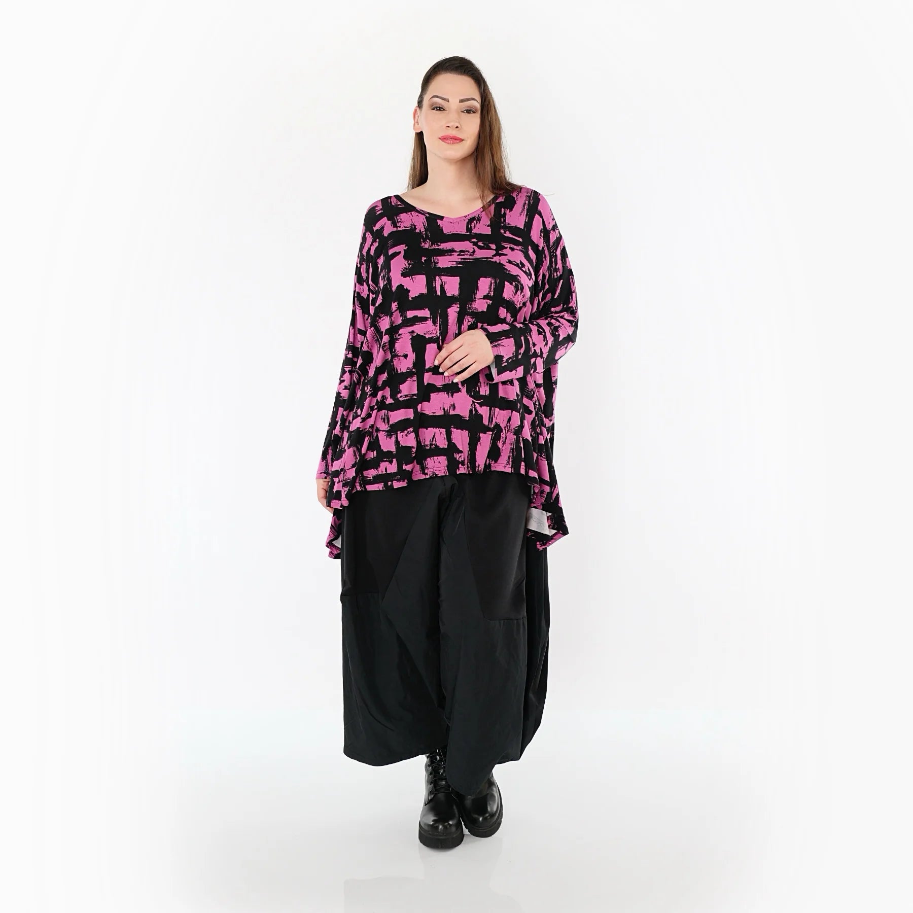  A-Form Bigshirt von AKH Fashion aus Viskose, 1519.02593, Fuchsia/Schwarz, Pinselstrich