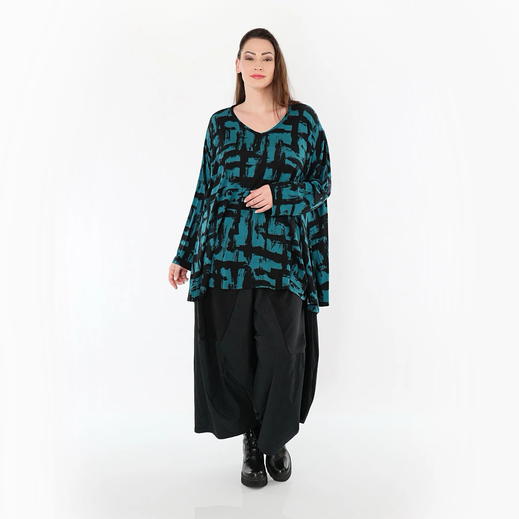  A-Form Bigshirt von AKH Fashion aus Viskose, 1519.02593, Petrol/Schwarz, Pinselstrich, Schick