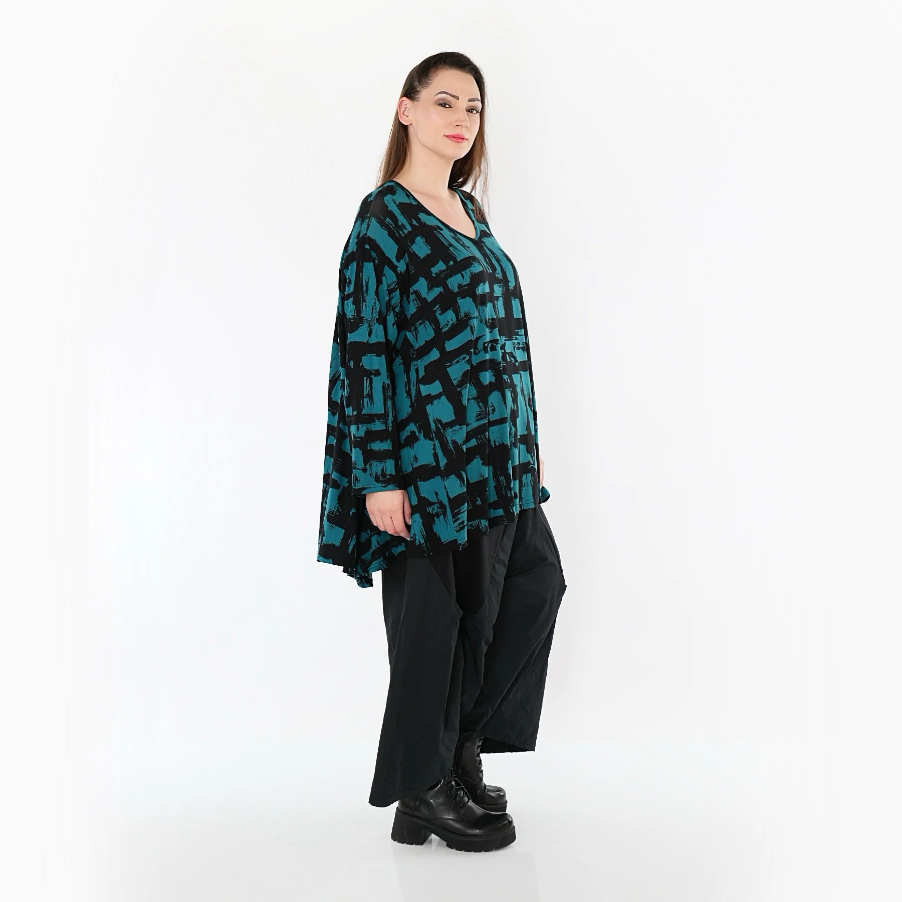  A-Form Bigshirt von AKH Fashion aus Viskose, 1519.02593, Petrol/Schwarz, Pinselstrich, Schick