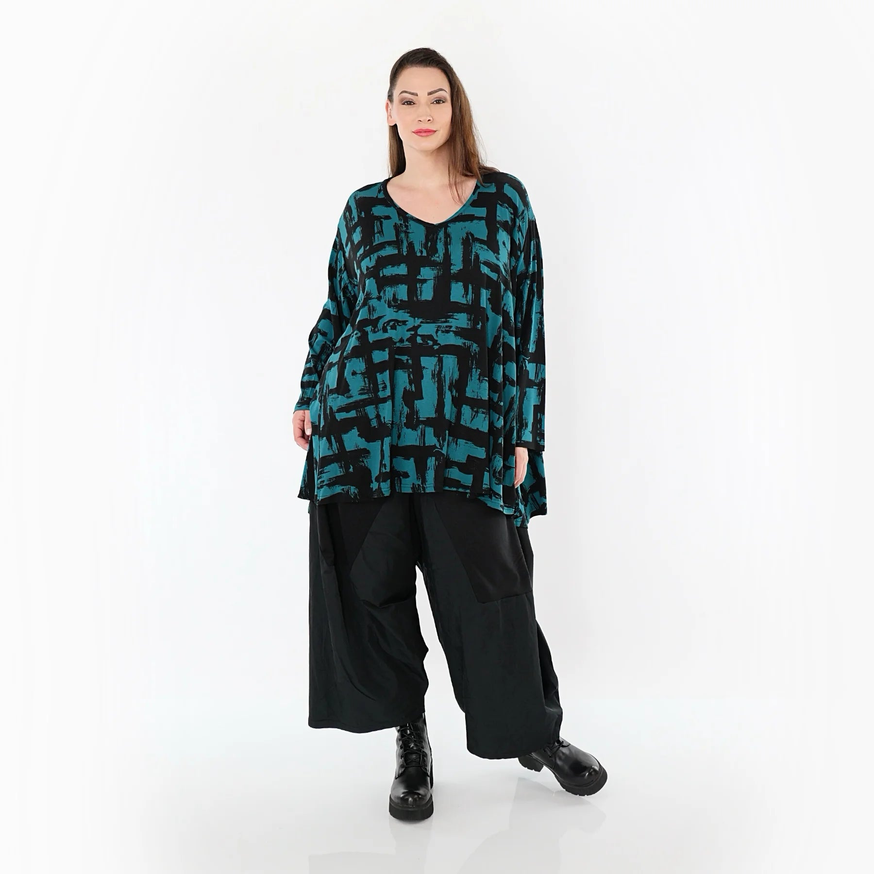 A-Form Bigshirt von AKH Fashion aus Viskose, 1519.02593, Petrol/Schwarz, Pinselstrich, Schick