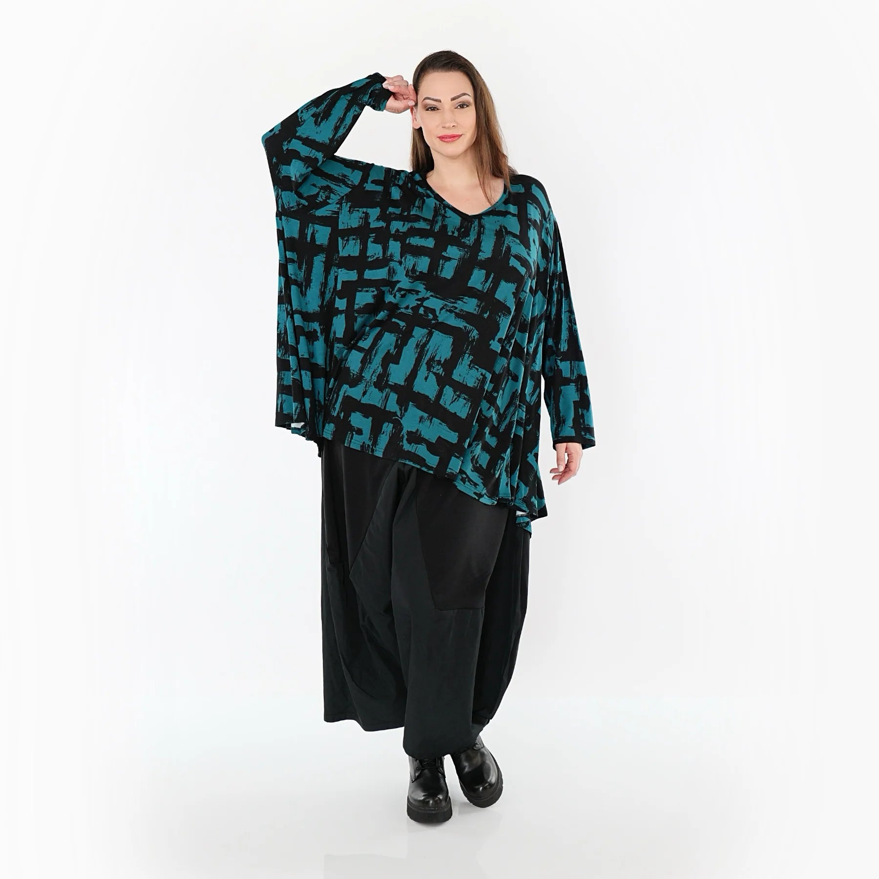  A-Form Bigshirt von AKH Fashion aus Viskose, 1519.02593, Petrol/Schwarz, Pinselstrich, Schick