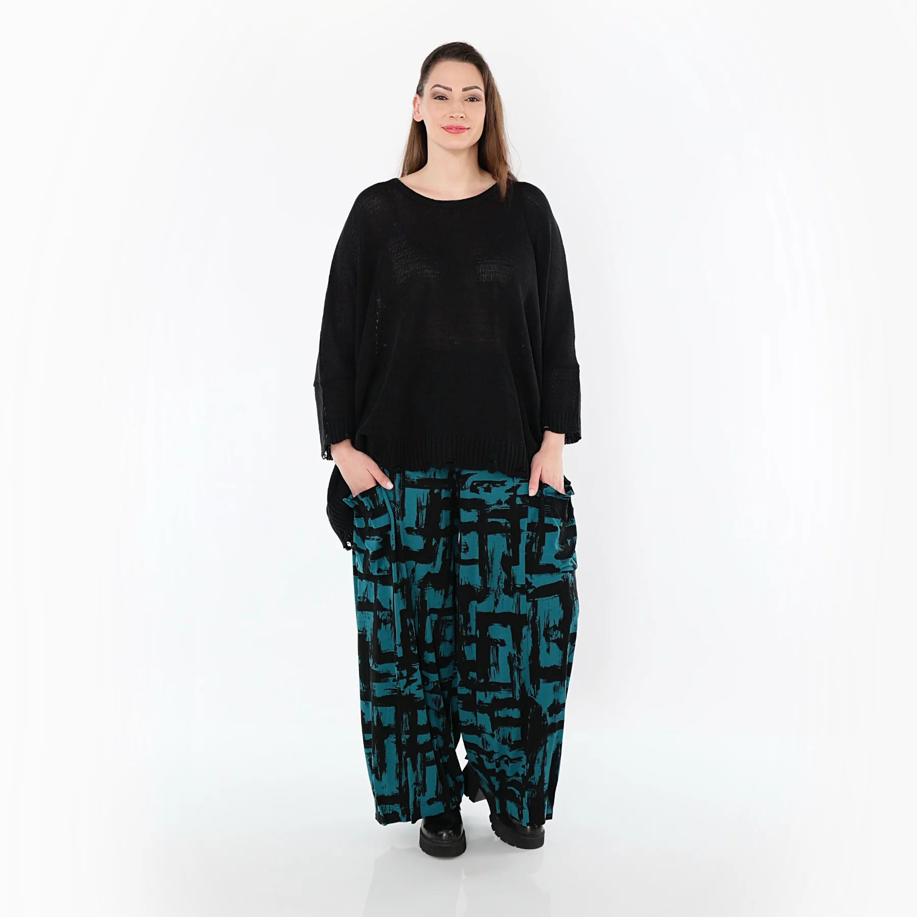  Ballonhose von AKH Fashion aus Viskose, 1519.07007, Petrol/Schwarz, Pinselstrich, Schick