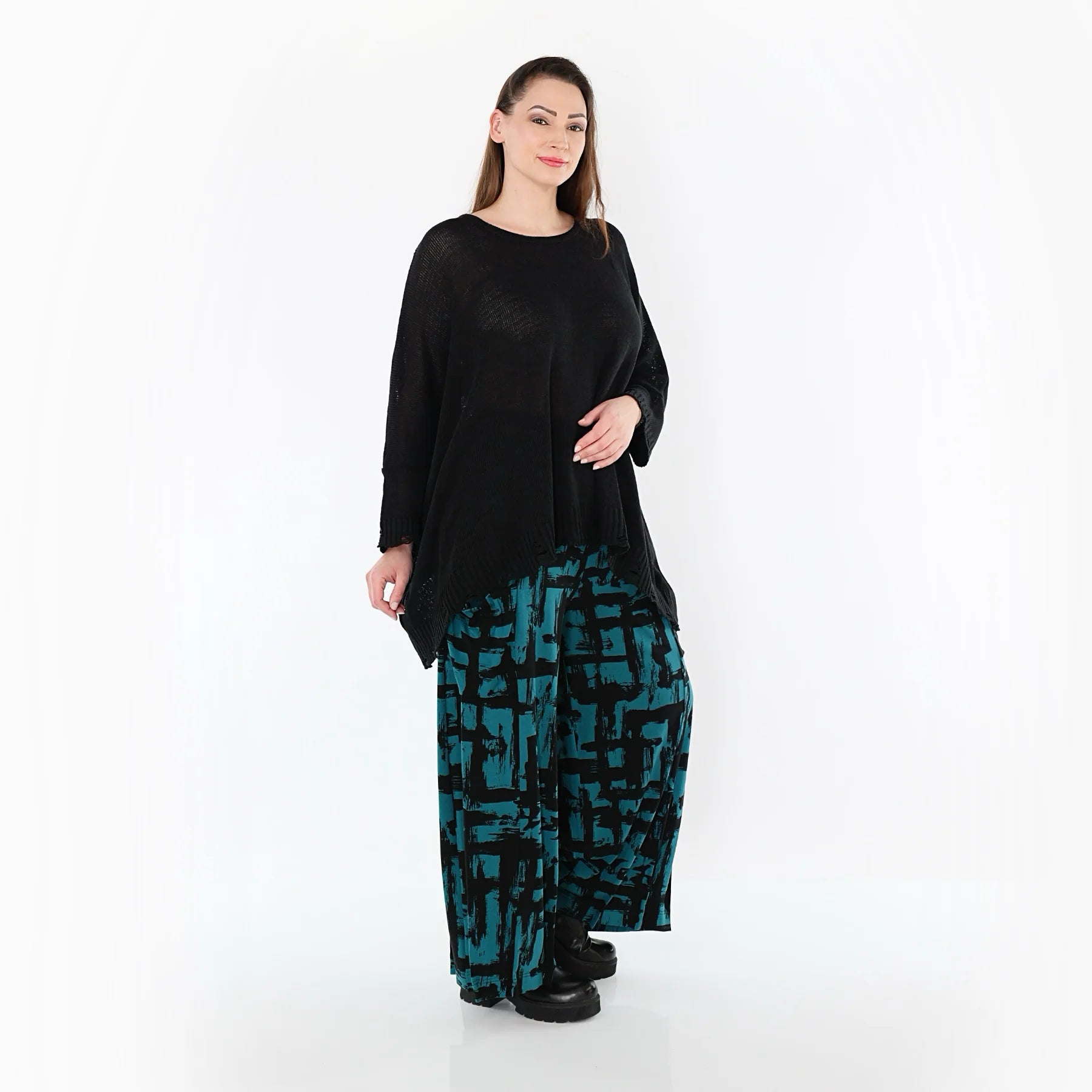  Ballonhose von AKH Fashion aus Viskose, 1519.07007, Petrol/Schwarz, Pinselstrich, Schick