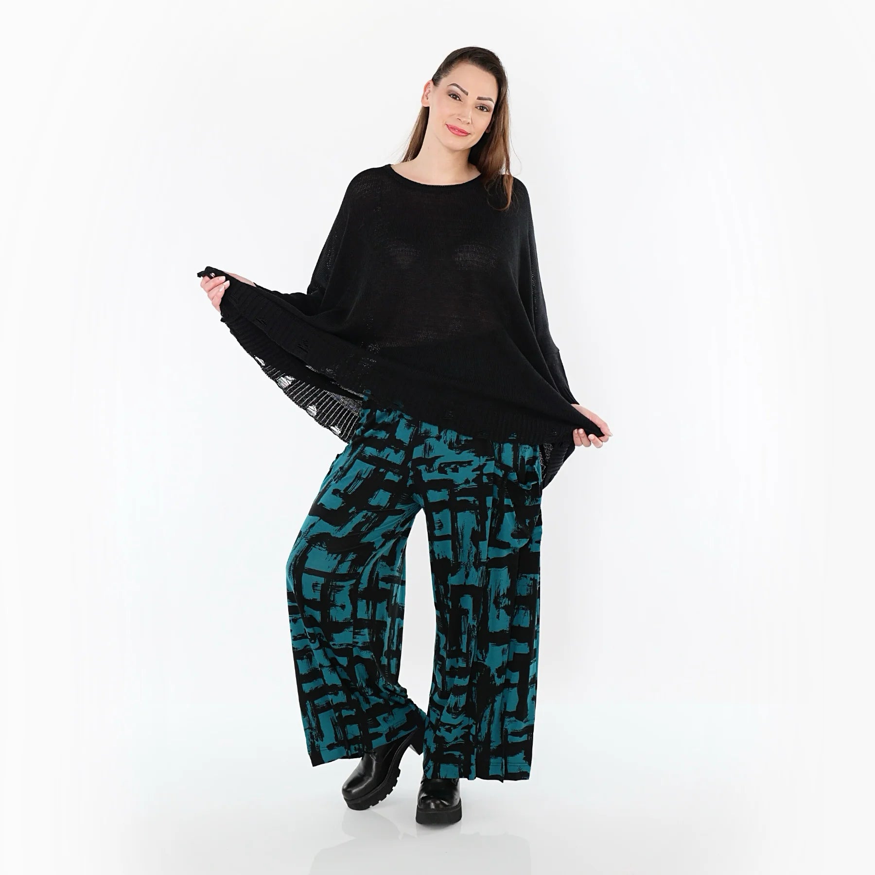  Ballonhose von AKH Fashion aus Viskose, 1519.07007, Petrol/Schwarz, Pinselstrich, Schick