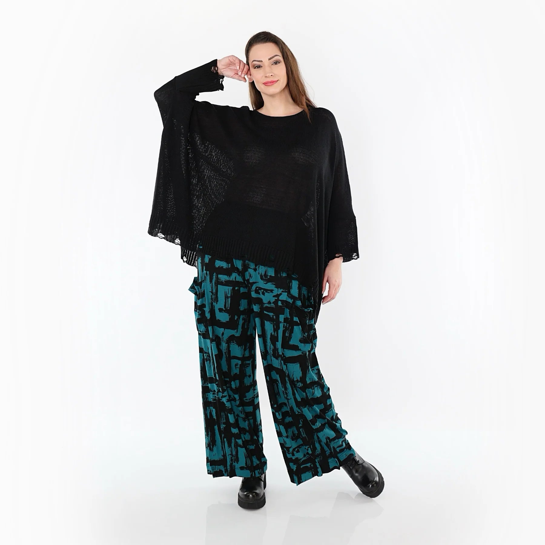  Ballonhose von AKH Fashion aus Viskose, 1519.07007, Petrol/Schwarz, Pinselstrich, Schick