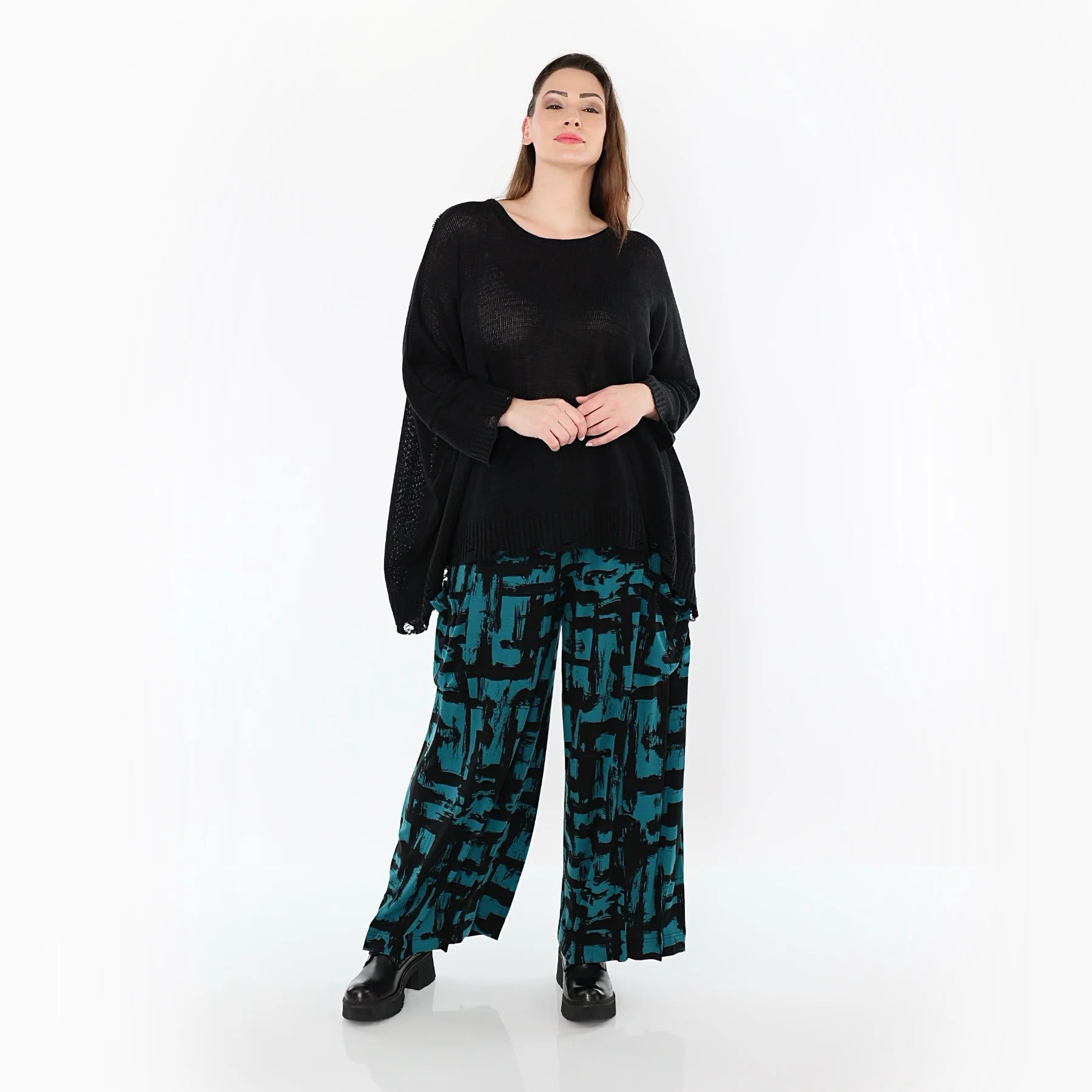  Ballonhose von AKH Fashion aus Viskose, 1519.07007, Petrol/Schwarz, Pinselstrich, Schick
