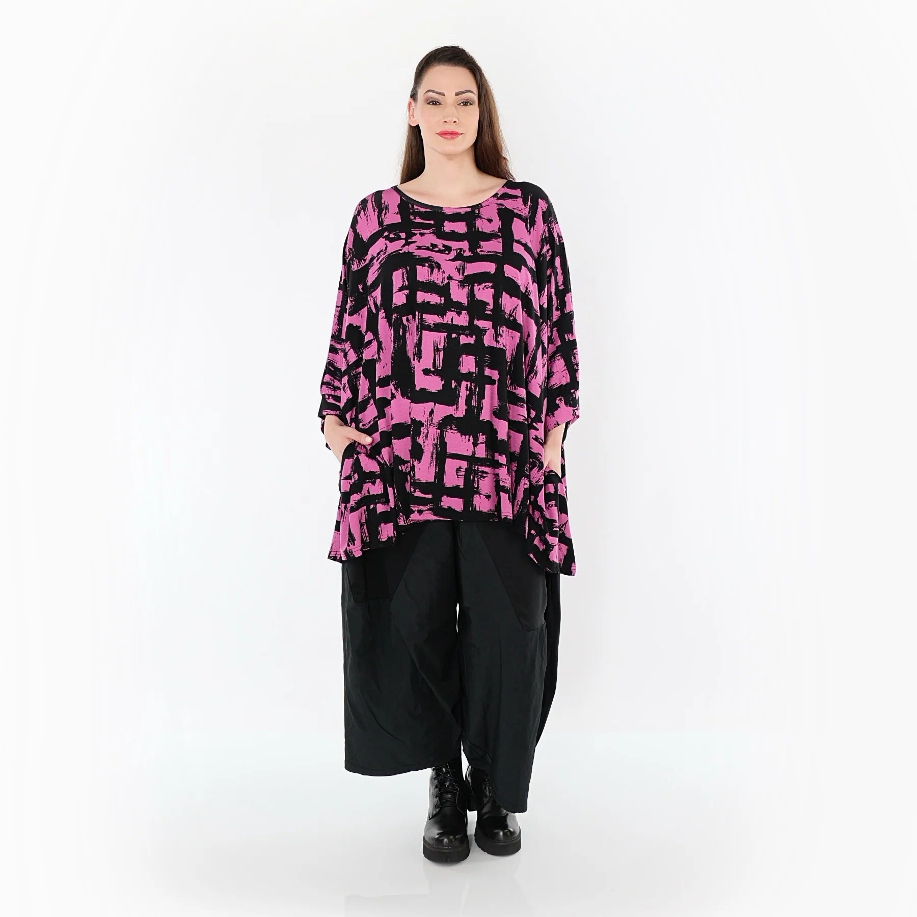  A-Form Bigshirt von AKH Fashion aus Viskose, 1519.07116, Fuchsia/Schwarz, Pinselstrich