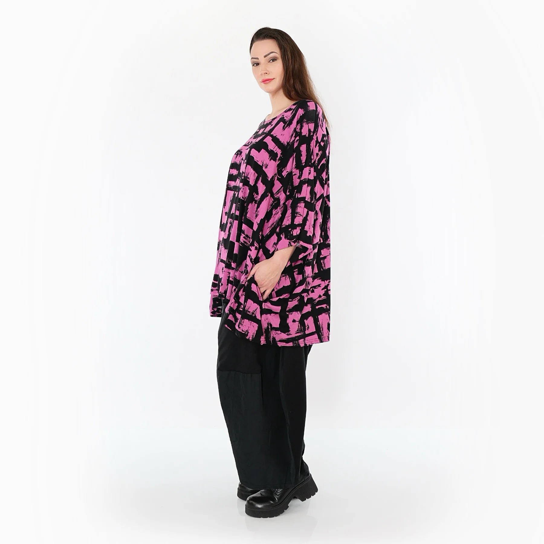  A-Form Bigshirt von AKH Fashion aus Viskose, 1519.07116, Fuchsia/Schwarz, Pinselstrich