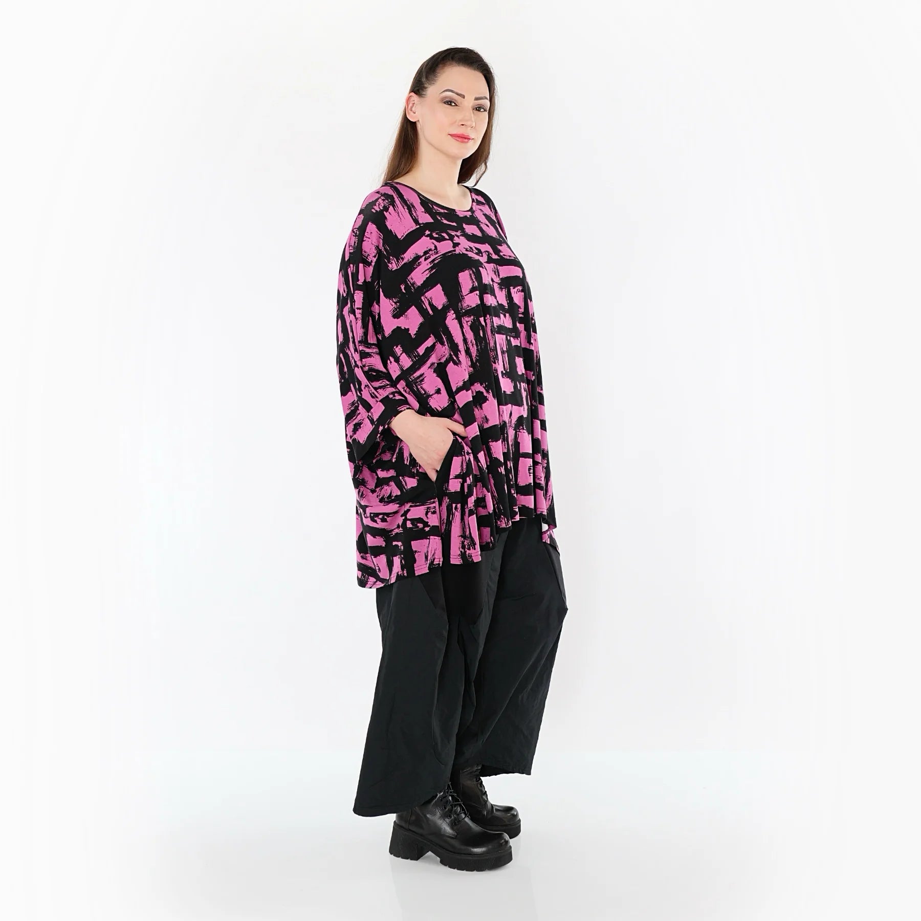  A-Form Bigshirt von AKH Fashion aus Viskose, 1519.07116, Fuchsia/Schwarz, Pinselstrich