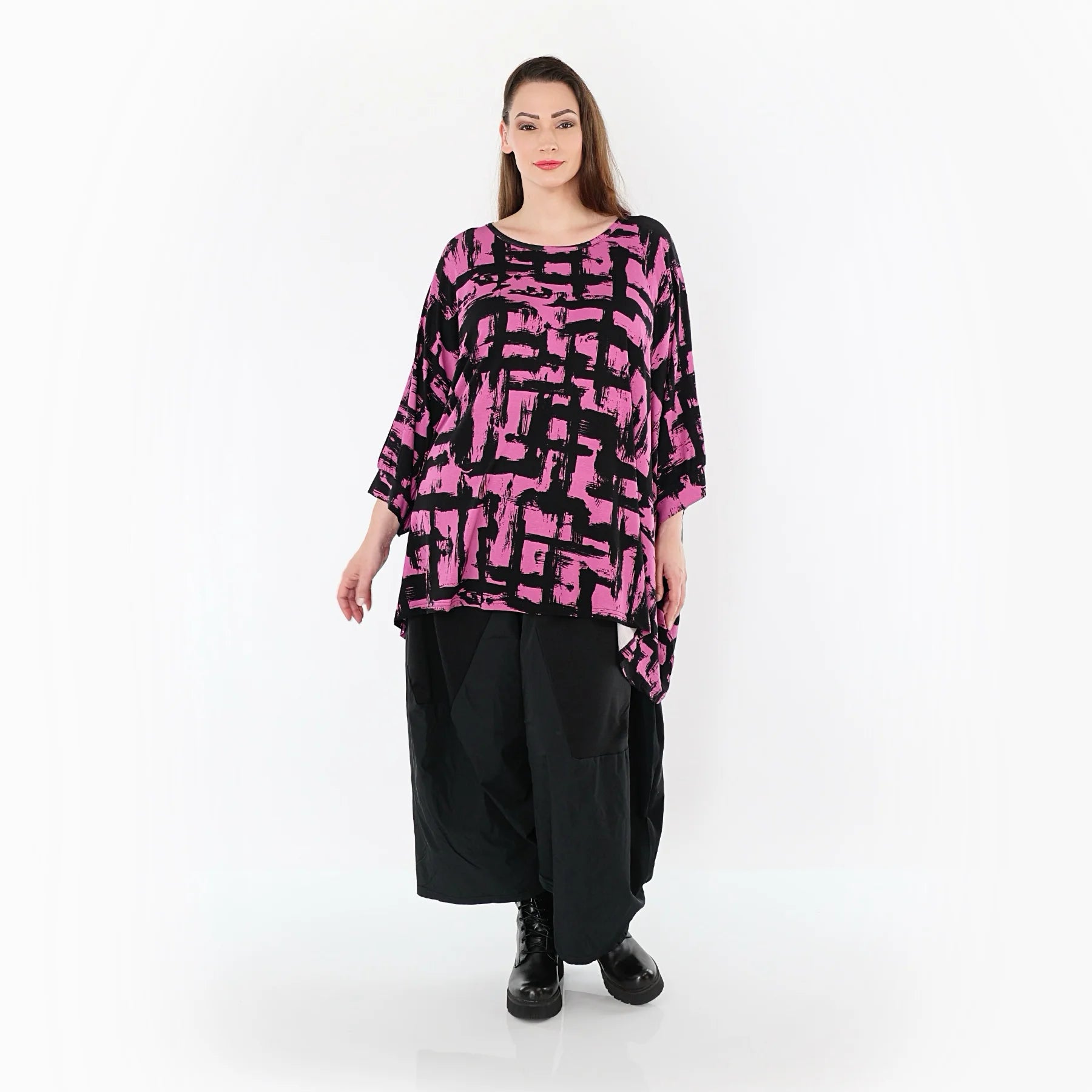  A-Form Bigshirt von AKH Fashion aus Viskose, 1519.07116, Fuchsia/Schwarz, Pinselstrich