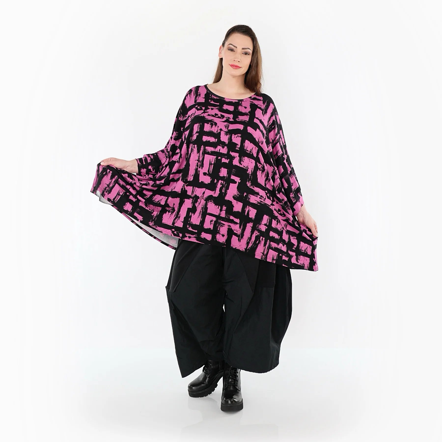  A-Form Bigshirt von AKH Fashion aus Viskose, 1519.07116, Fuchsia/Schwarz, Pinselstrich