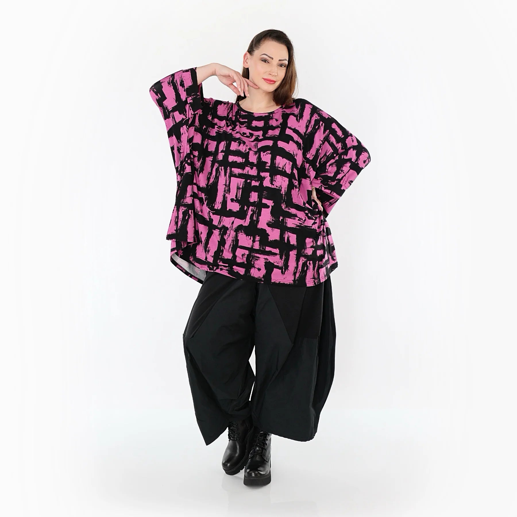  A-Form Bigshirt von AKH Fashion aus Viskose, 1519.07116, Fuchsia/Schwarz, Pinselstrich