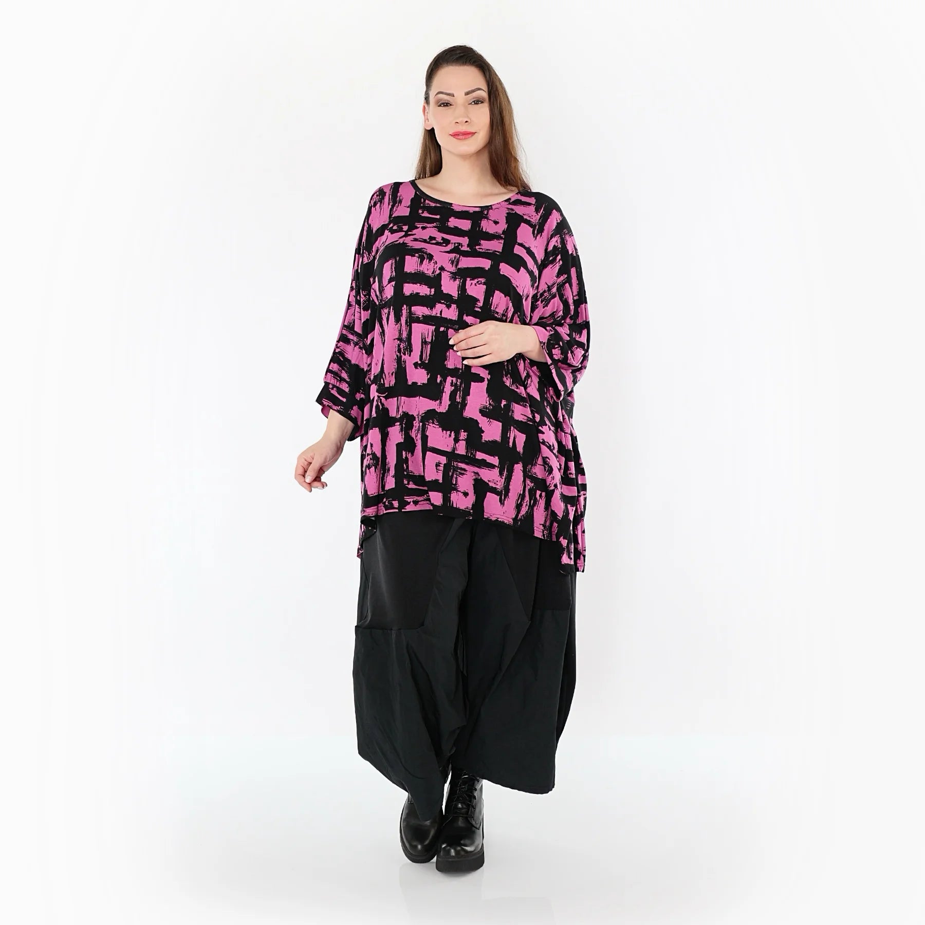  A-Form Bigshirt von AKH Fashion aus Viskose, 1519.07116, Fuchsia/Schwarz, Pinselstrich