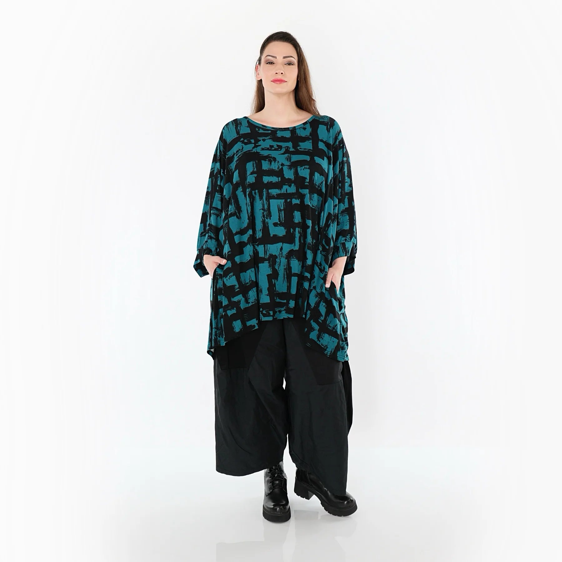  A-Form Bigshirt von AKH Fashion aus Viskose, 1519.07116, Petrol/Schwarz, Pinselstrich, Schick
