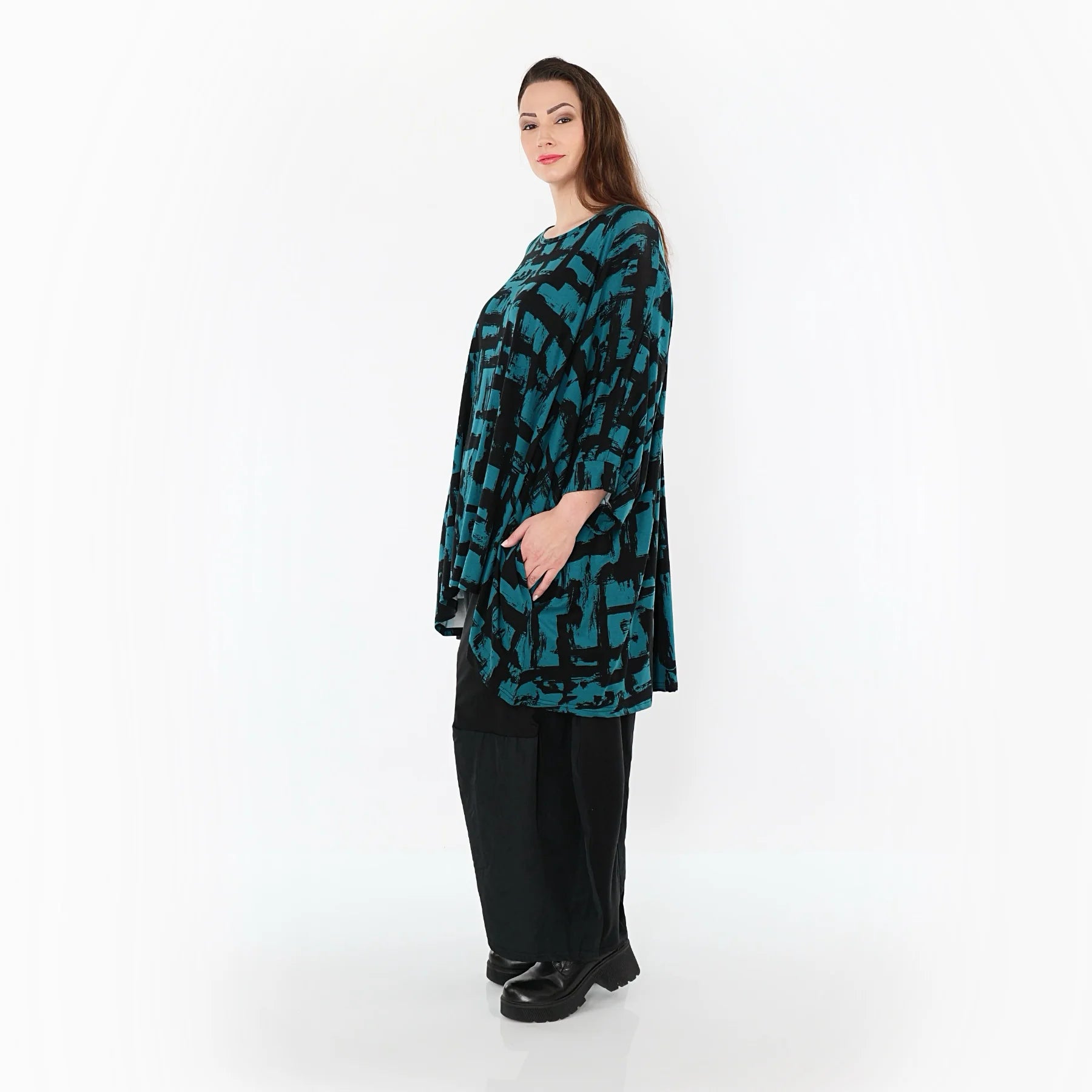  A-Form Bigshirt von AKH Fashion aus Viskose, 1519.07116, Petrol/Schwarz, Pinselstrich, Schick