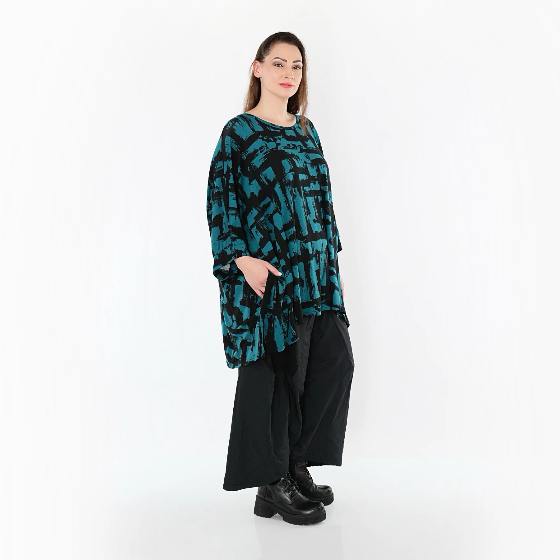  A-Form Bigshirt von AKH Fashion aus Viskose, 1519.07116, Petrol/Schwarz, Pinselstrich, Schick