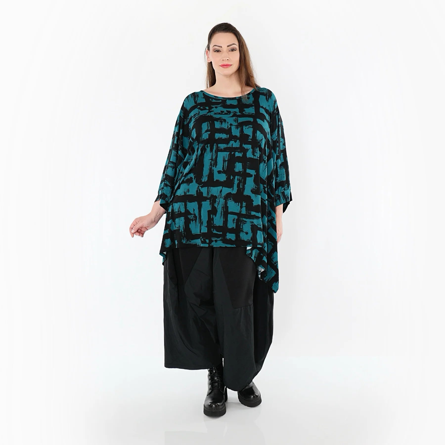  A-Form Bigshirt von AKH Fashion aus Viskose, 1519.07116, Petrol/Schwarz, Pinselstrich, Schick
