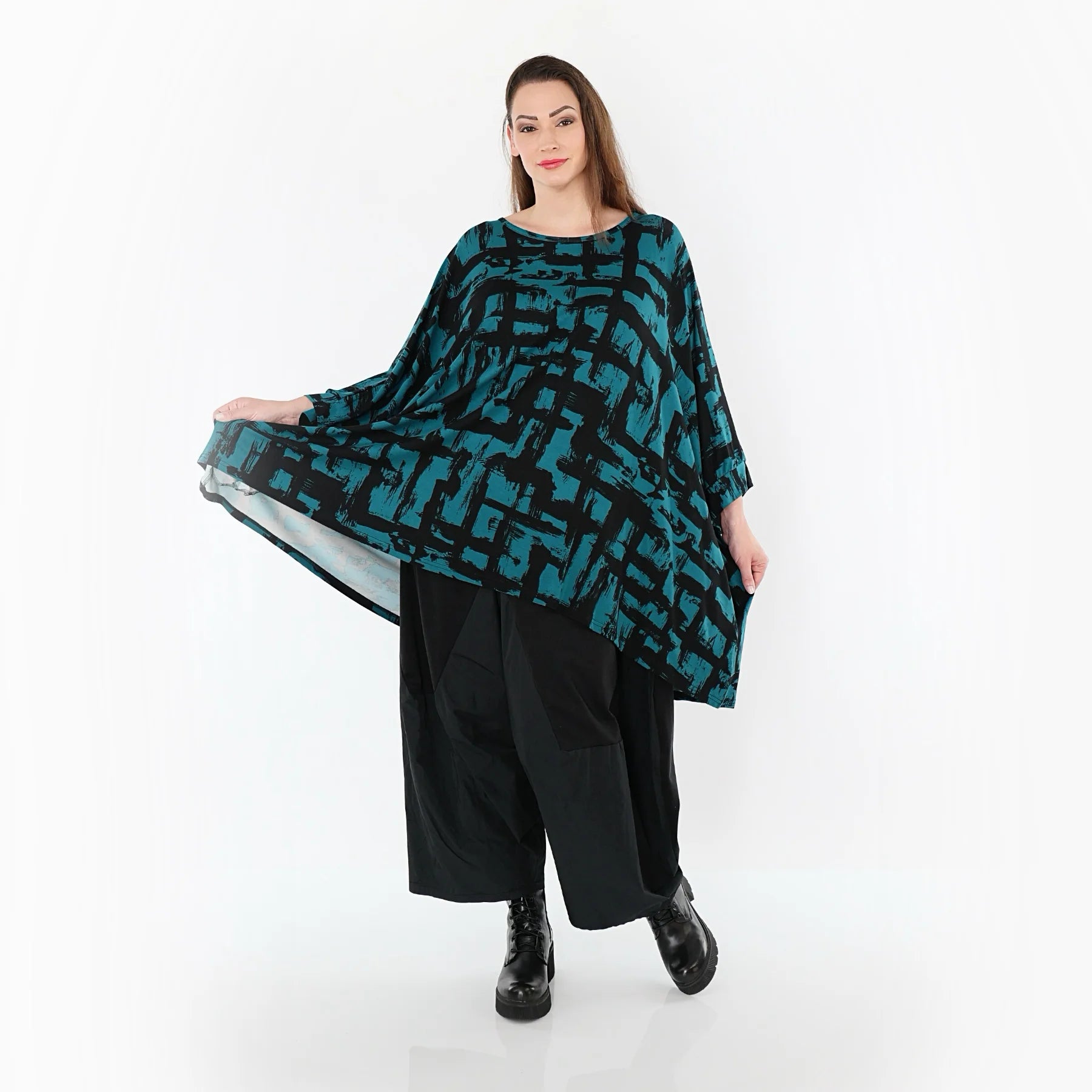  A-Form Bigshirt von AKH Fashion aus Viskose, 1519.07116, Petrol/Schwarz, Pinselstrich, Schick