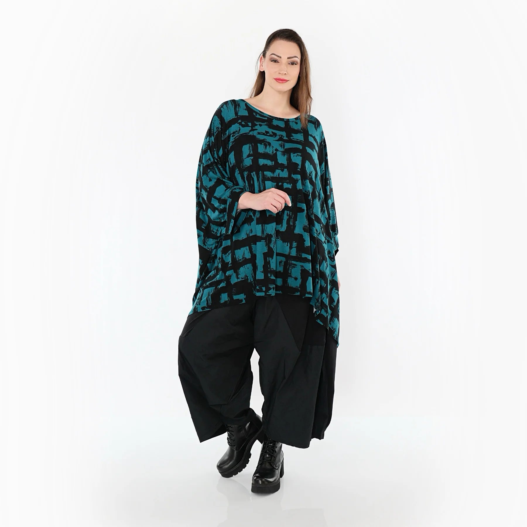  A-Form Bigshirt von AKH Fashion aus Viskose, 1519.07116, Petrol/Schwarz, Pinselstrich, Schick