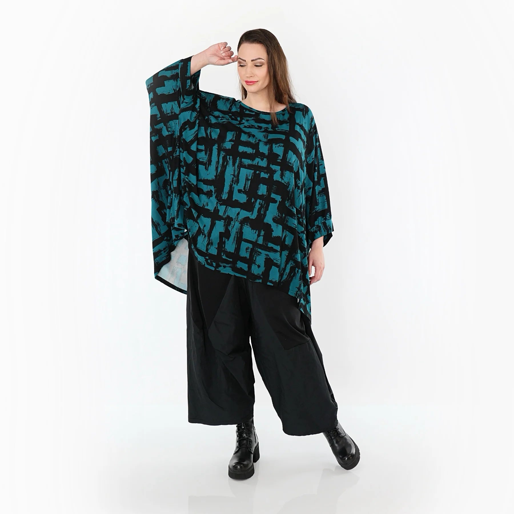  A-Form Bigshirt von AKH Fashion aus Viskose, 1519.07116, Petrol/Schwarz, Pinselstrich, Schick