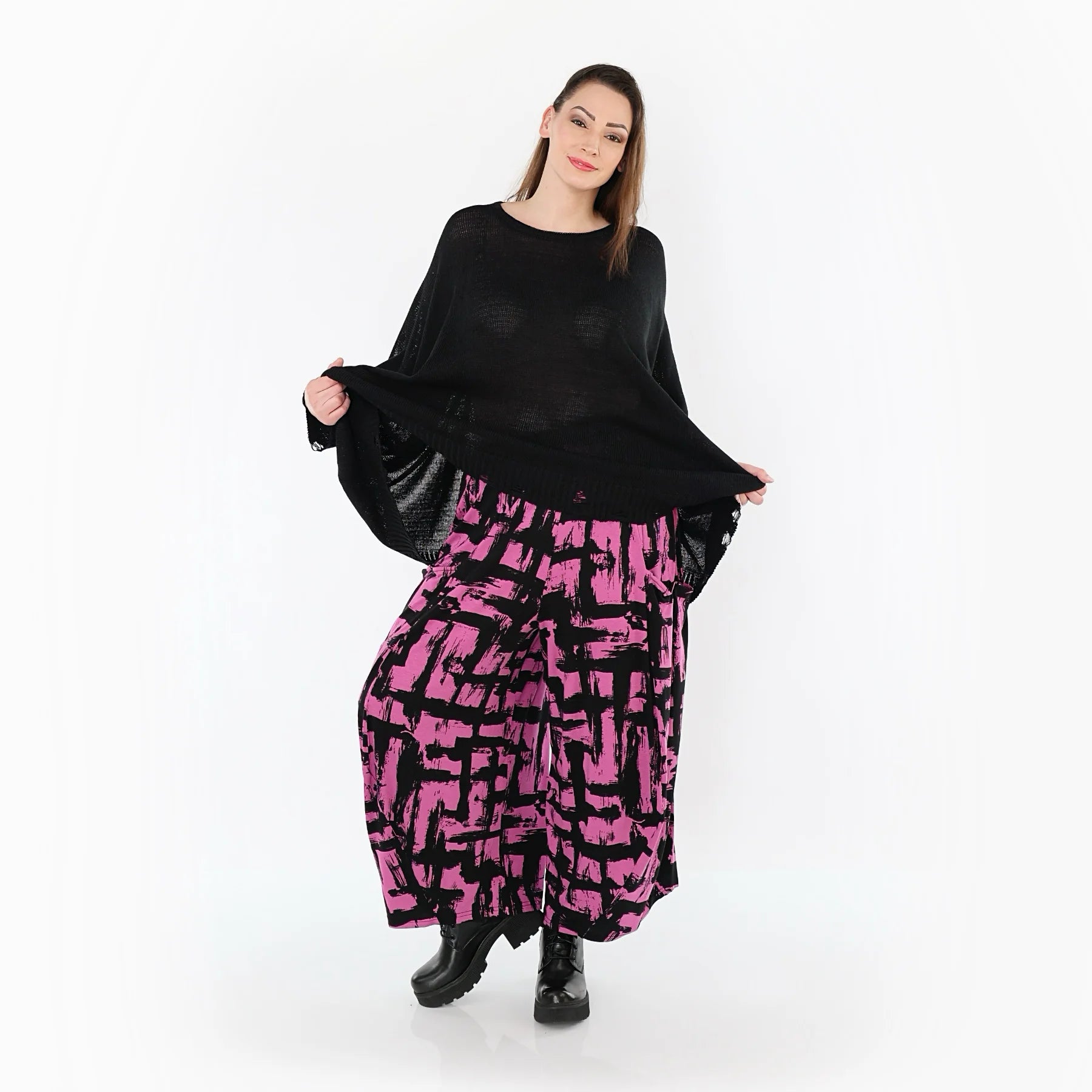  Ballonhose von AKH Fashion aus Viskose, 1519.08069, Fuchsia/Schwarz, Pinselstrich, Schick