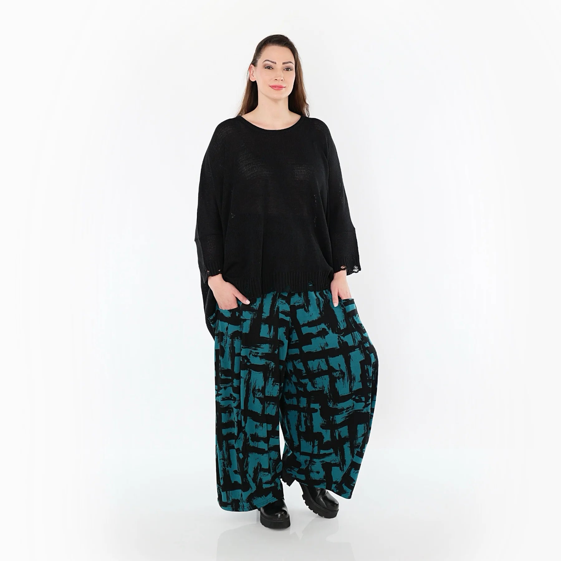  Ballonhose von AKH Fashion aus Viskose, 1519.08069, Petrol/Schwarz, Pinselstrich, Schick