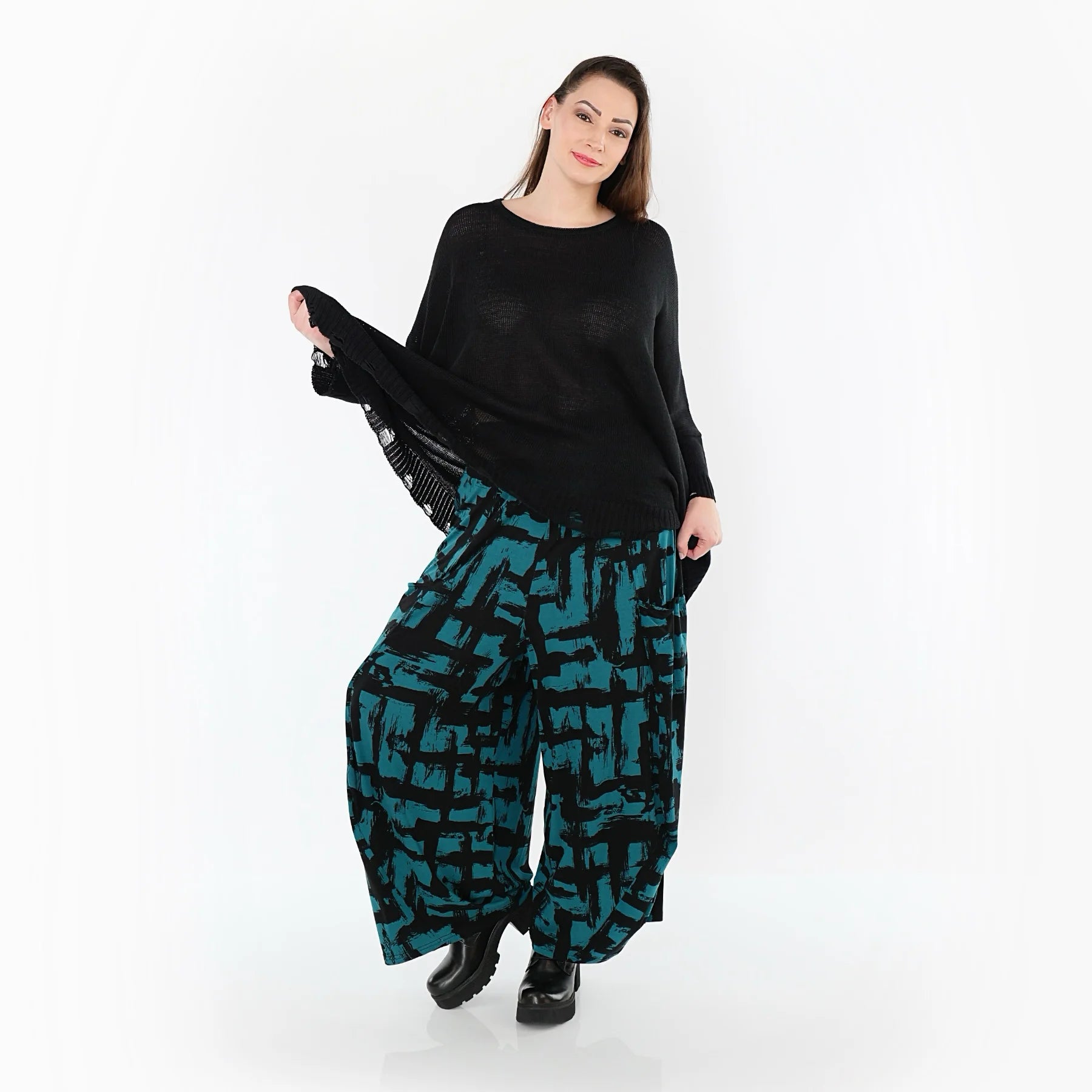  Ballonhose von AKH Fashion aus Viskose, 1519.08069, Petrol/Schwarz, Pinselstrich, Schick