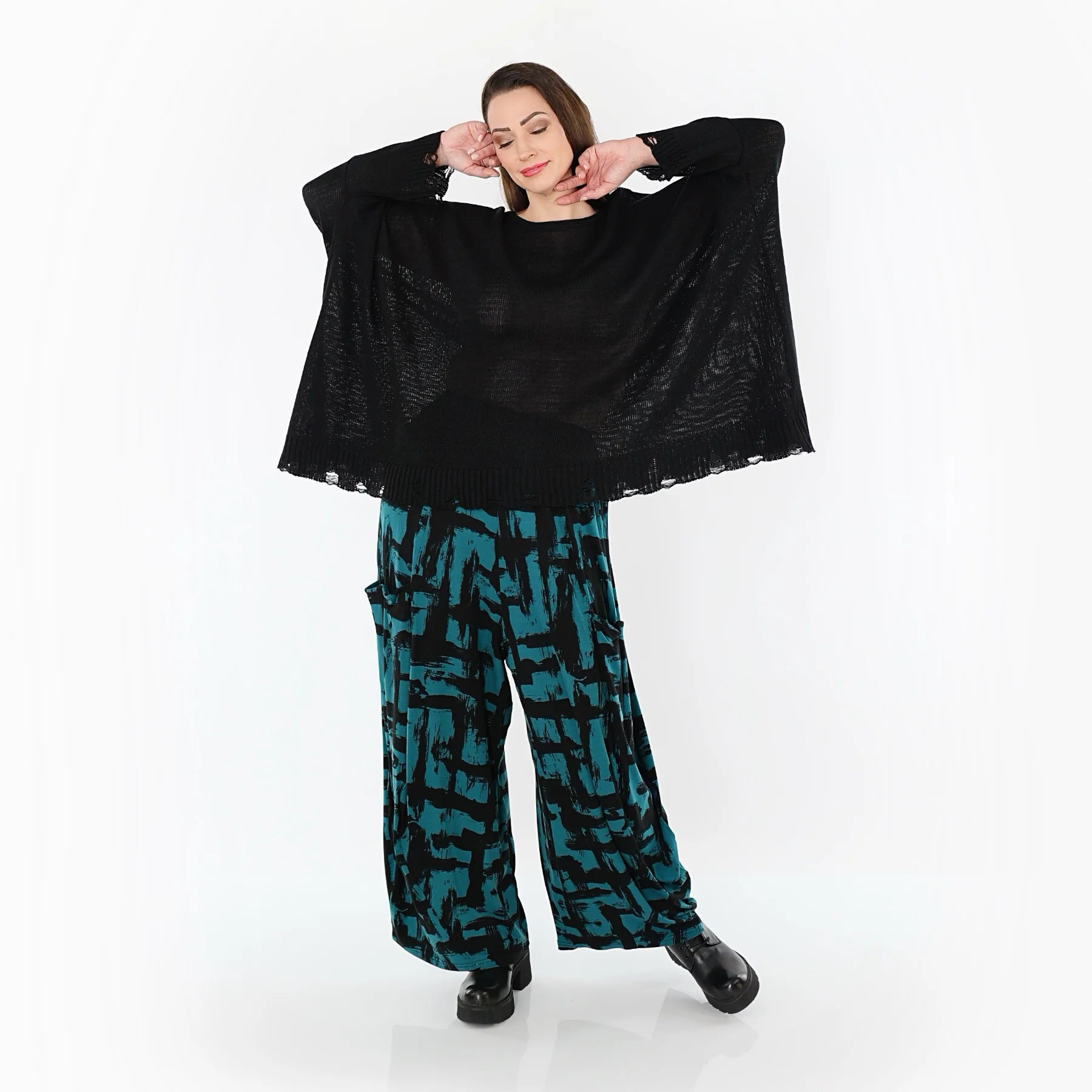  Ballonhose von AKH Fashion aus Viskose, 1519.08069, Petrol/Schwarz, Pinselstrich, Schick